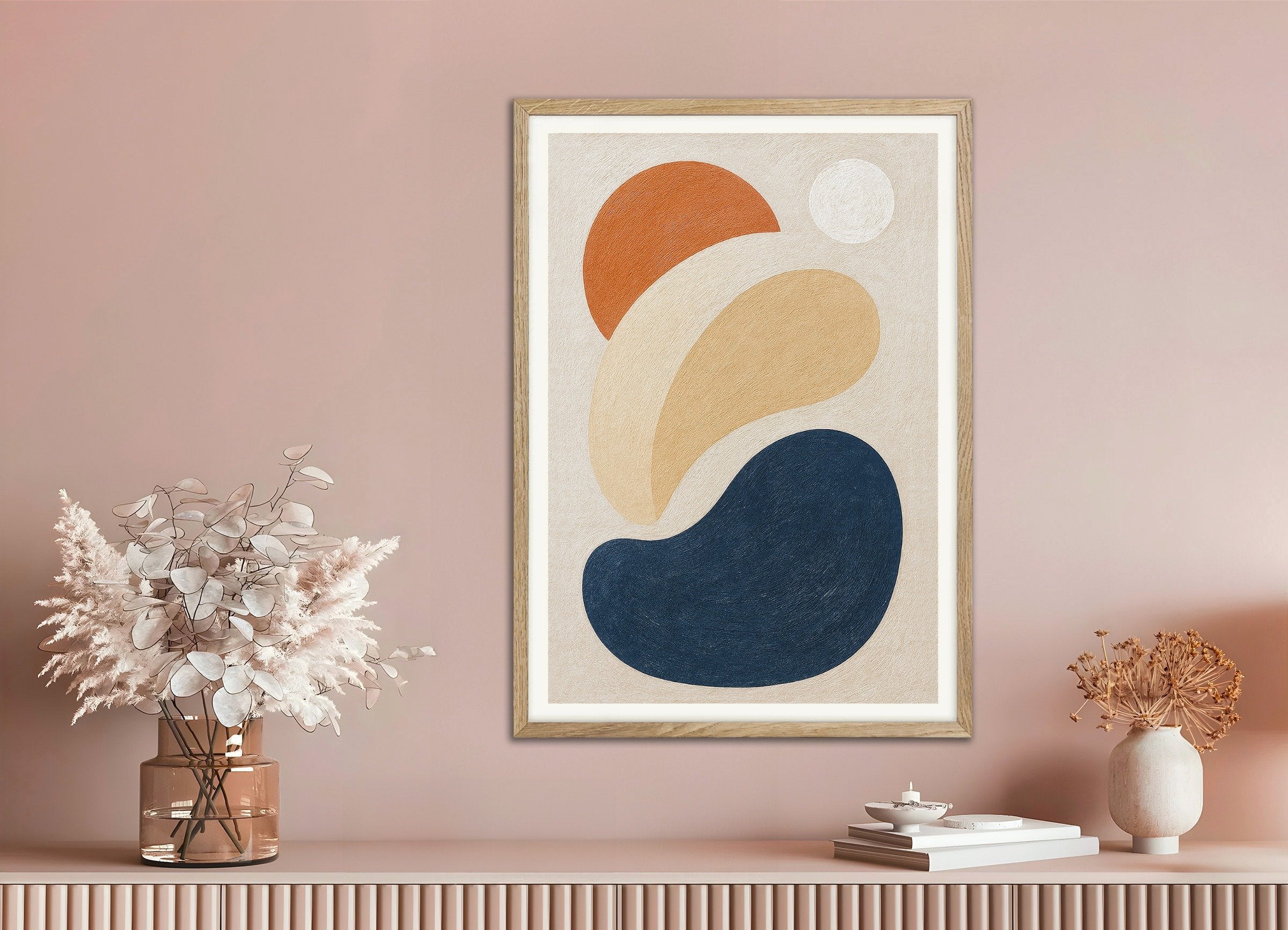 Poster of Intrications – abstract shapes poster in earthy tones, with natural wooden frame