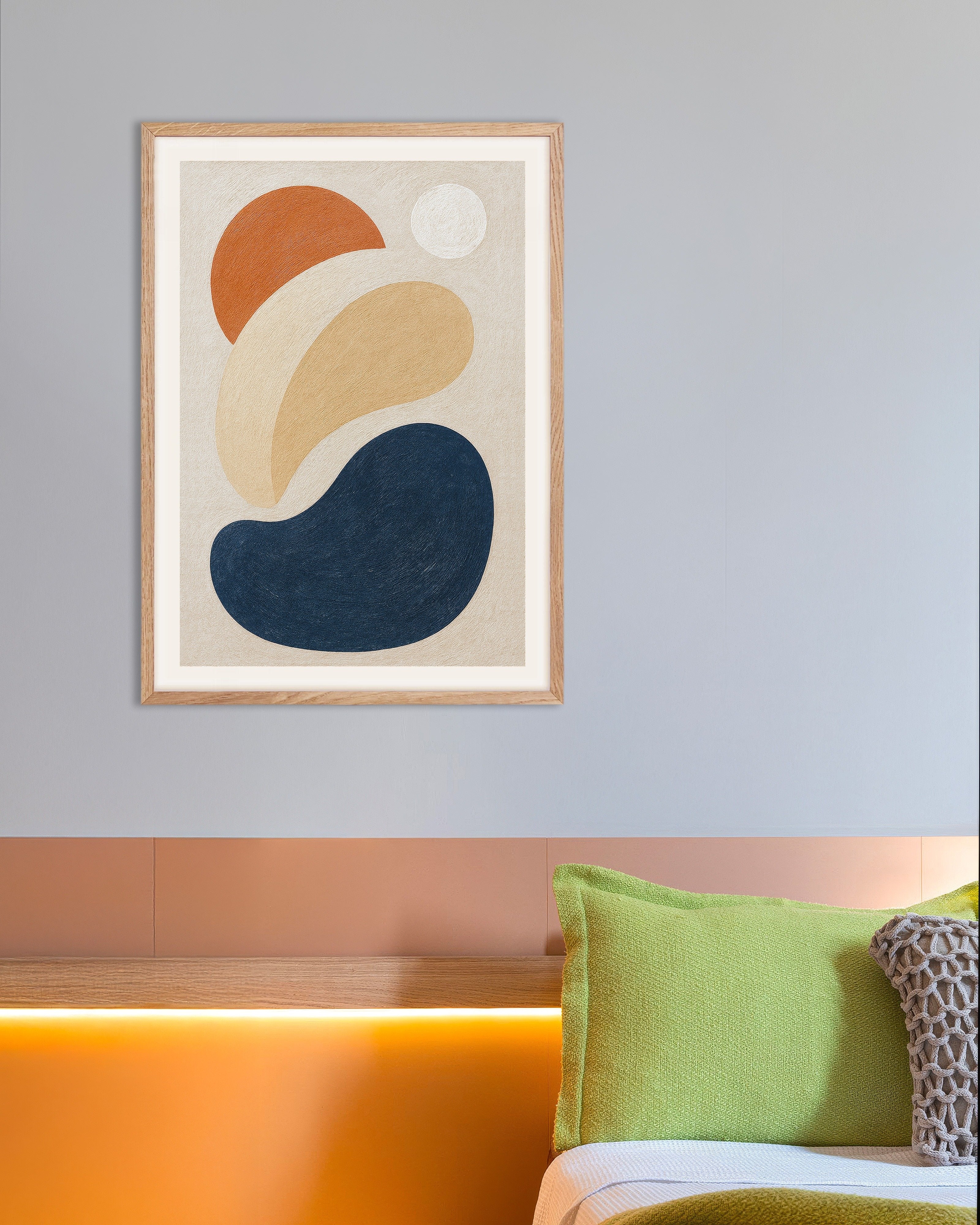Poster of Intrications – abstract shapes poster in earthy tones, with natural wooden frame