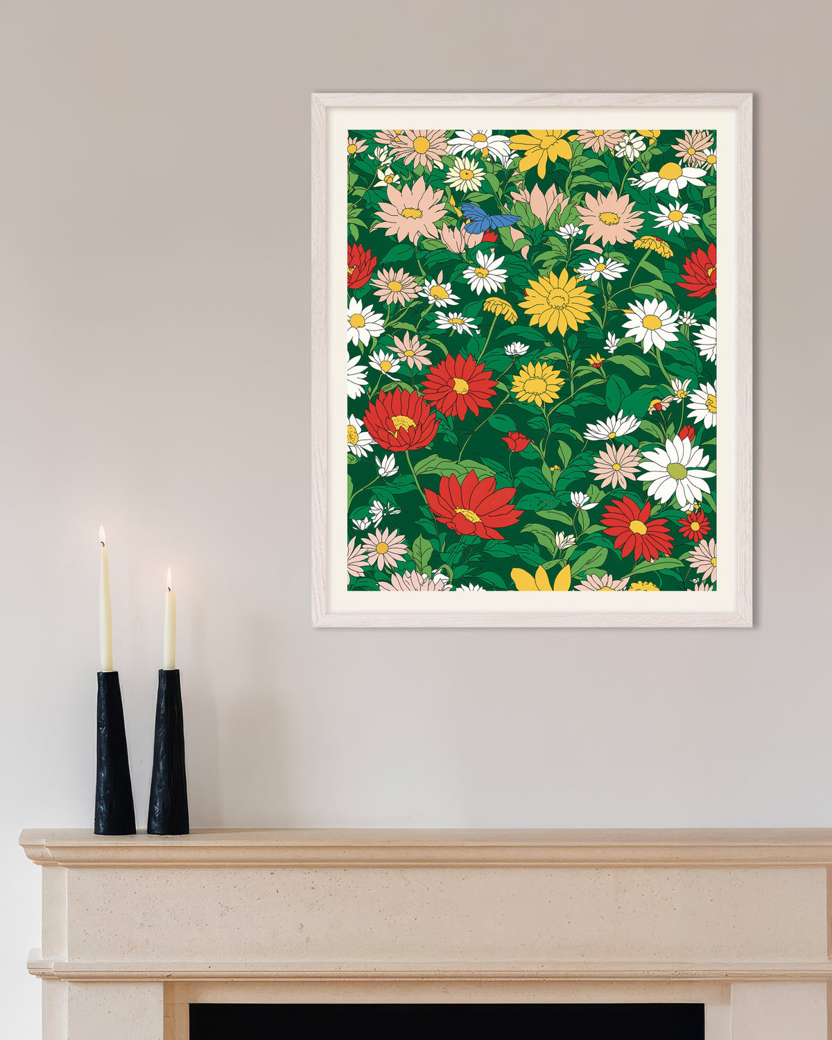 Poster de Estúdio japonês de animação, flores, com moldura de madeira branca
