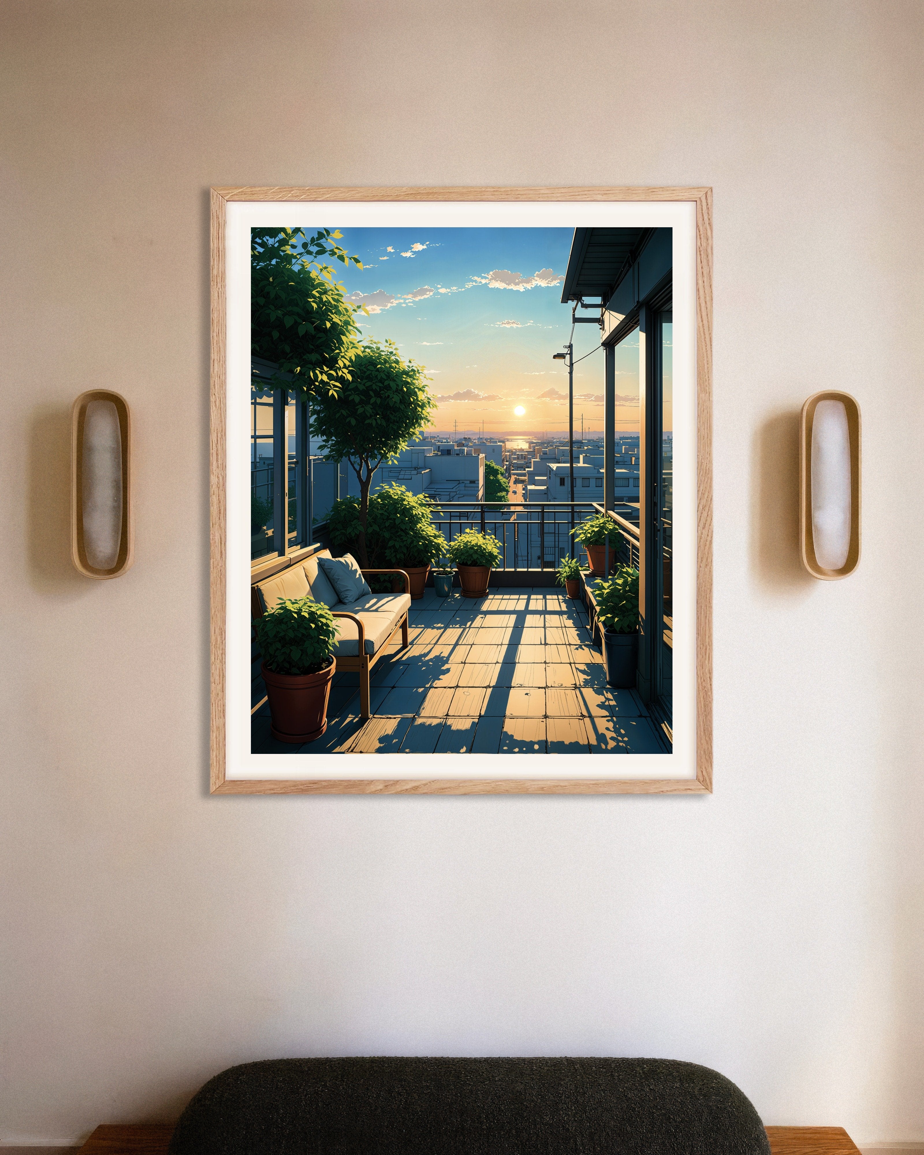 Poster of Japanese anime, a terrace in Tokyo - Poster, with natural wooden frame