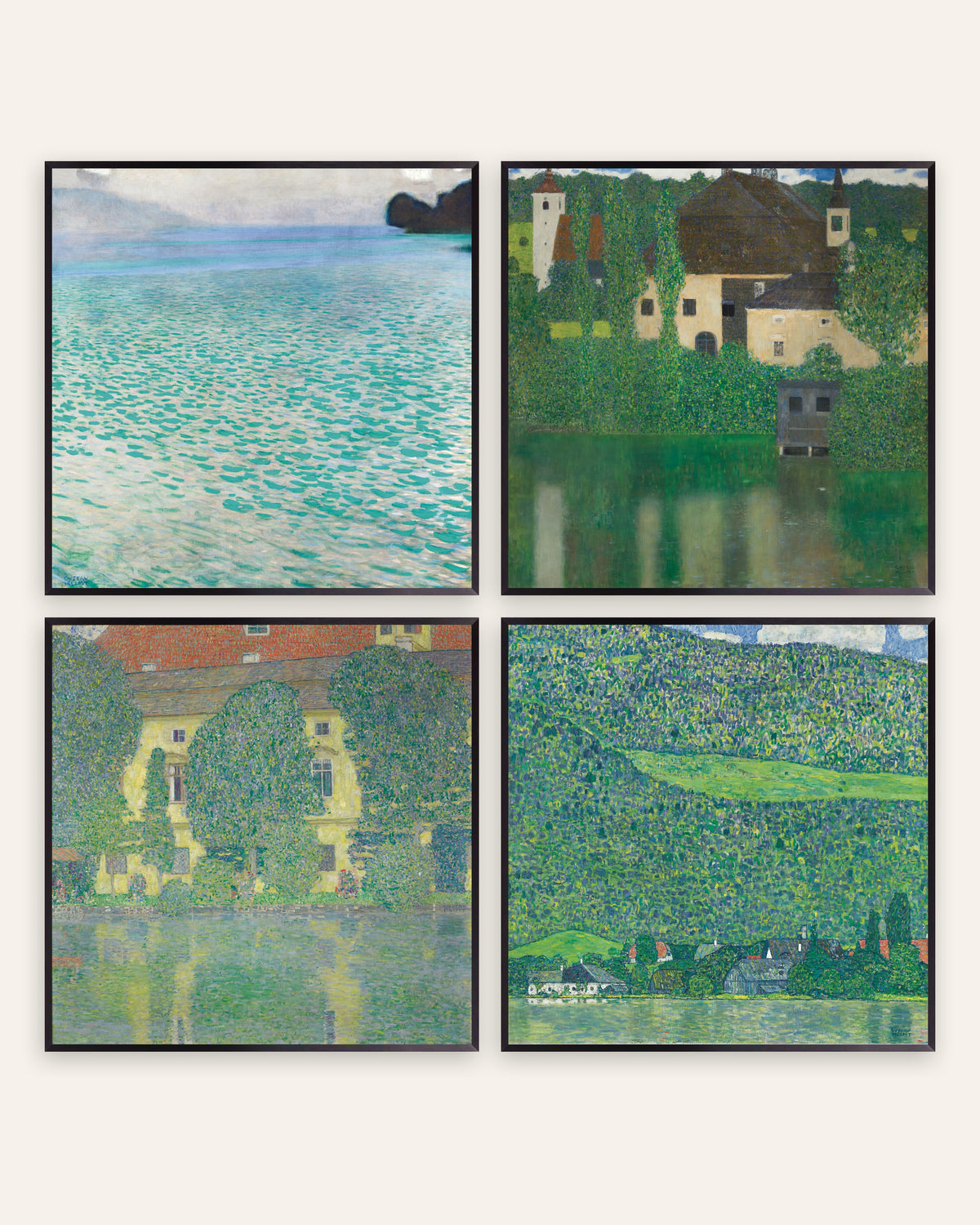 Posters de Klimt, conjunto de 4: o Attersee, o Castelo de Kammer e Litzlberg, com molduras de metal preto