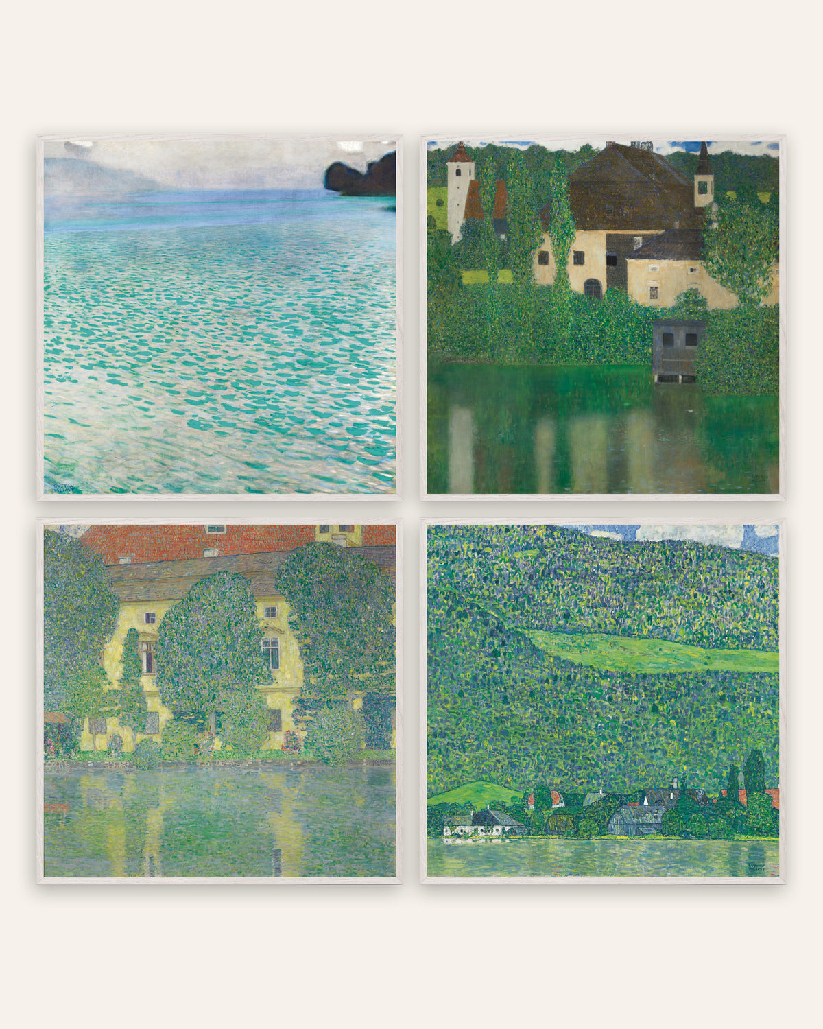 Posters de Klimt, conjunto de 4: o Attersee, o Castelo de Kammer e Litzlberg, com molduras de carvalho branco