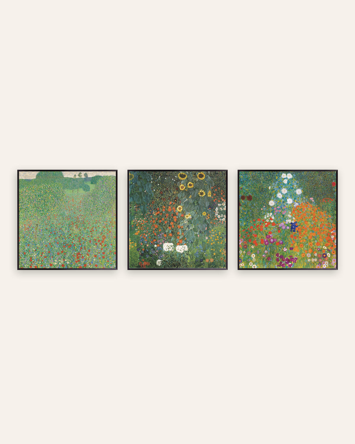 Posters de Klimt, conjunto de 3: Campo de Papoilas, Jardim com Girassóis e Jardim Rústico, com molduras de metal preto