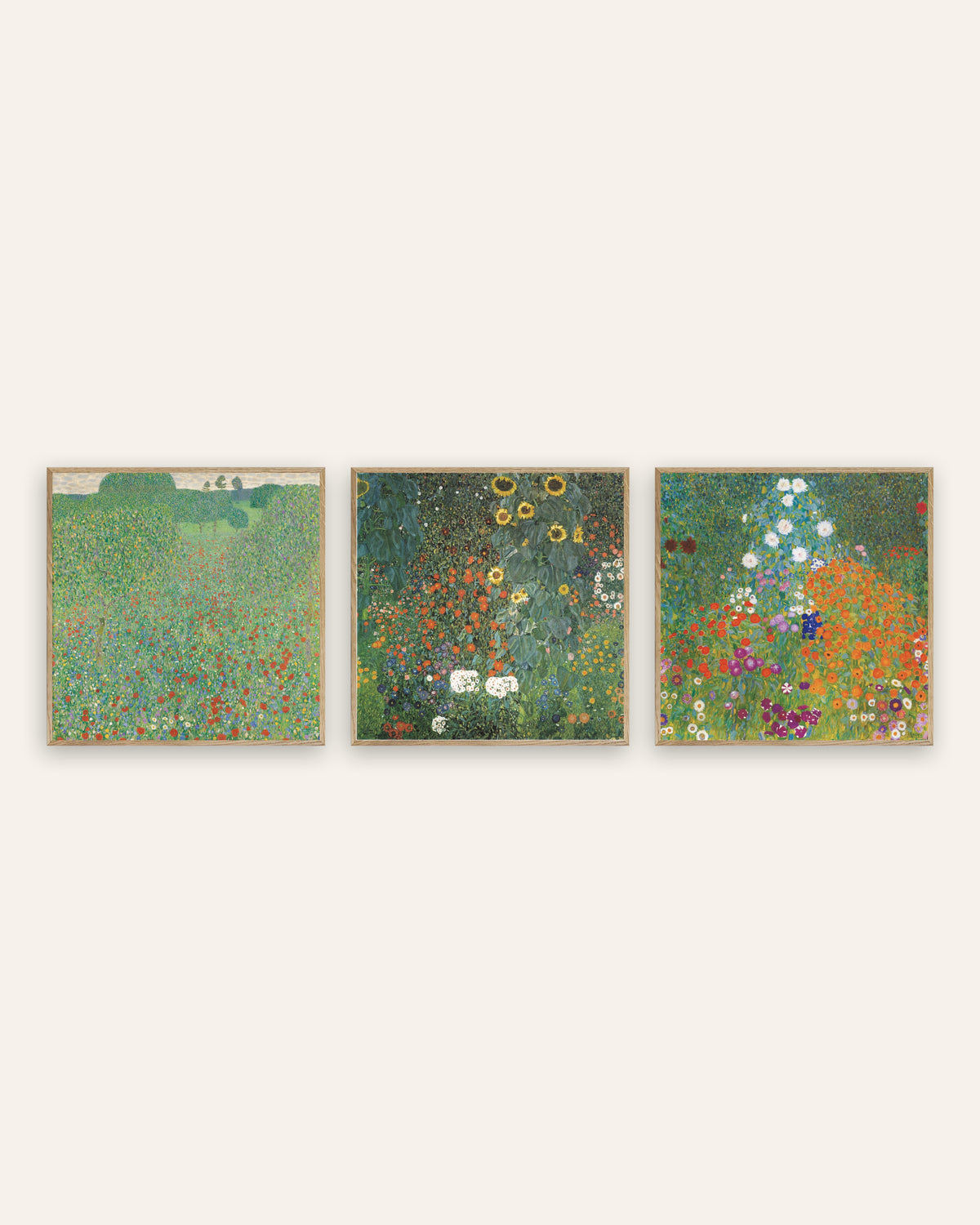 Posters de Klimt, conjunto de 3: Campo de Papoilas, Jardim com Girassóis e Jardim Rústico, com molduras de carvalho natural