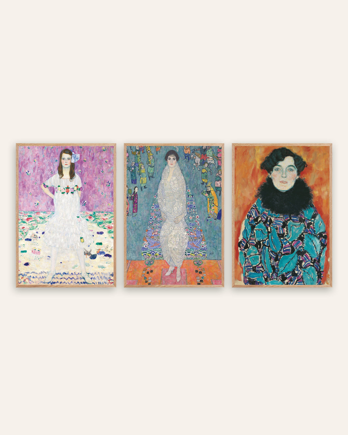 Posters de Klimt, conjunto de 3 retratos: Mäda Primavesi, Elisabeth Lederer e Johanna Staude, com molduras de carvalho natural