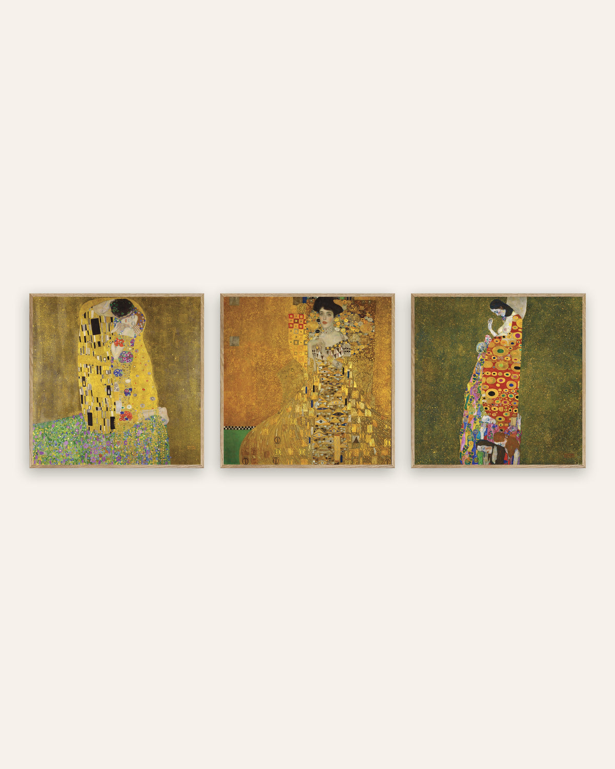 Posters de Klimt, conjunto de 3: O Beijo, Adele Bloch-Bauer I e A Esperança II, com molduras de carvalho natural