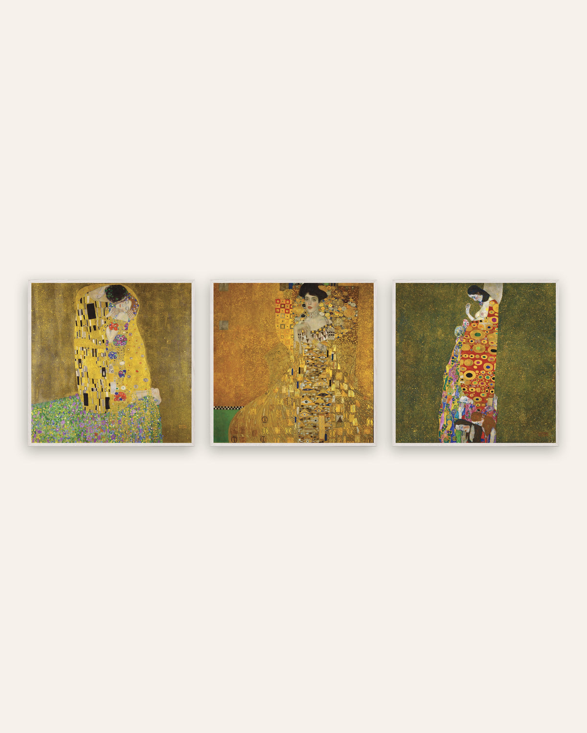 Posters de Klimt, conjunto de 3: O Beijo, Adele Bloch-Bauer I e A Esperança II, com molduras de carvalho branco