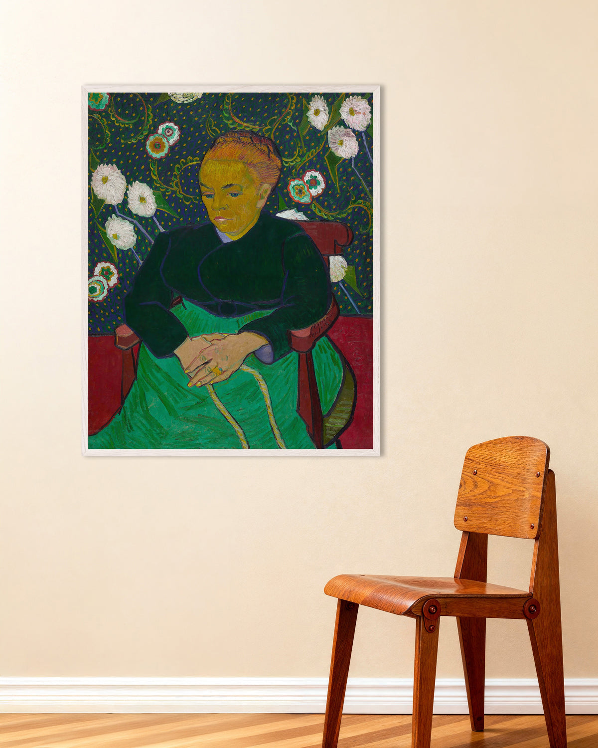 Poster de La Berceuse, Madame Roulin a embalar o berço (1889), de Vincent van Gogh, com moldura de madeira branca