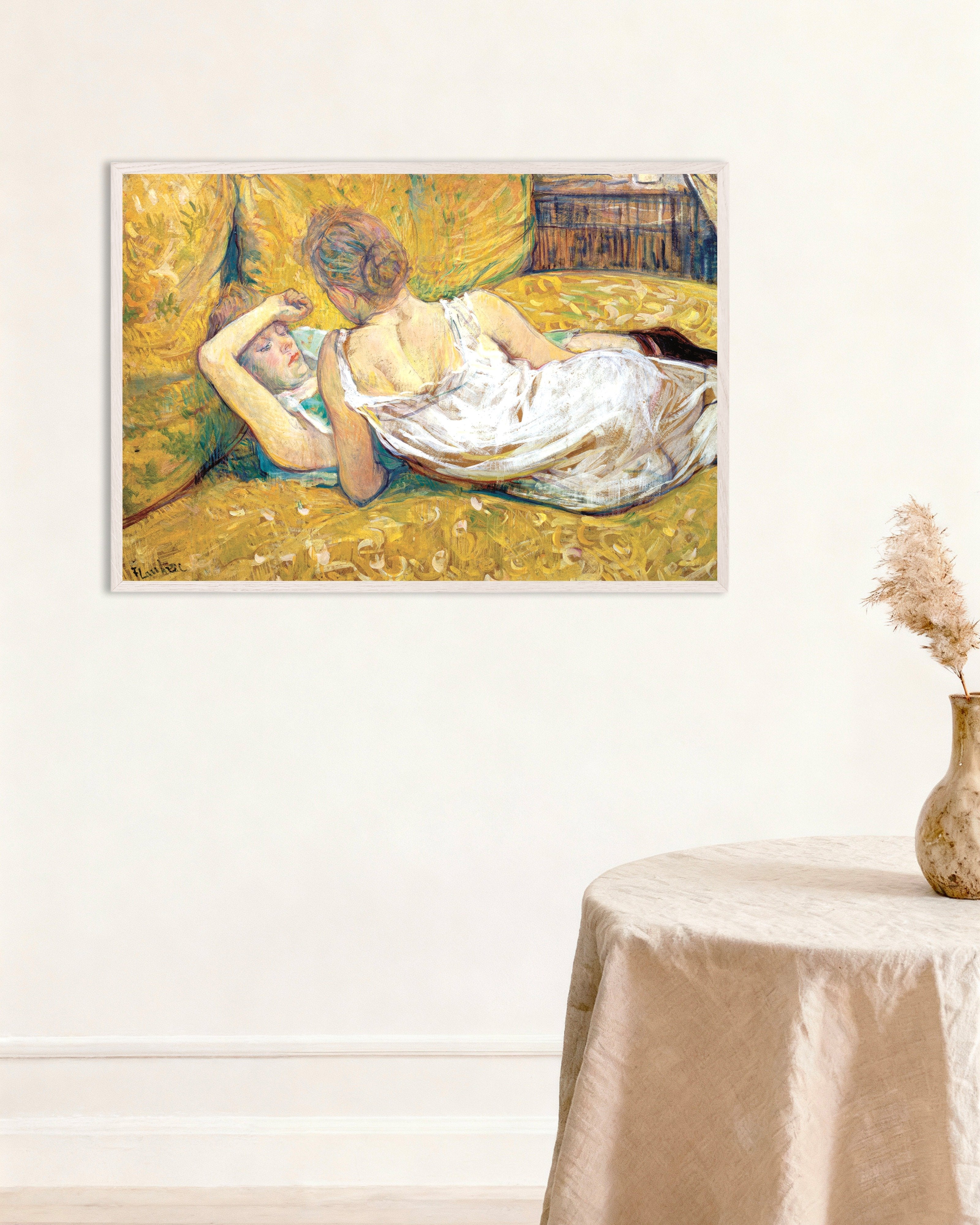 Poster of L'abandon (les deux amies) (1895) by Henri de Toulouse-Lautrec, with white wooden frame