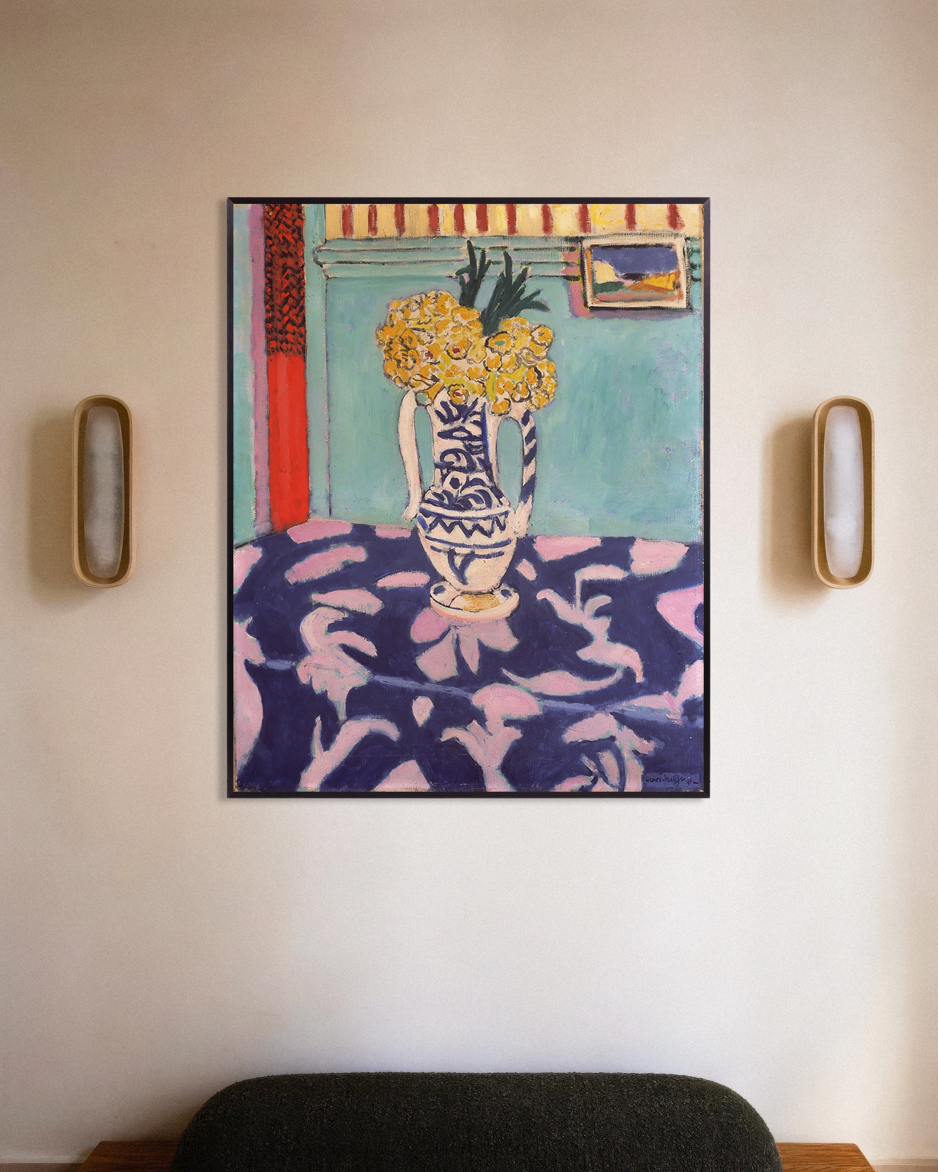 Poster of Les coucous, tapis bleu et rose (1911) by Henri Matisse, with metal frame
