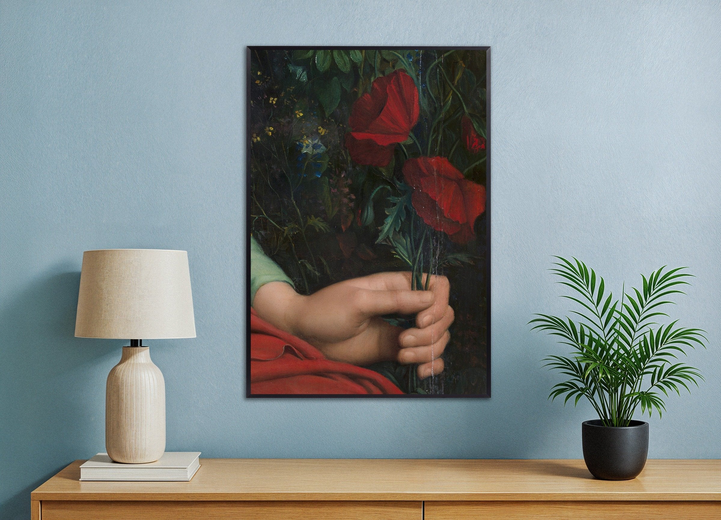 Poster of Louis Janmot "Fleur des Champs" Hand Detail - Red Tulips Art Print, with metal frame
