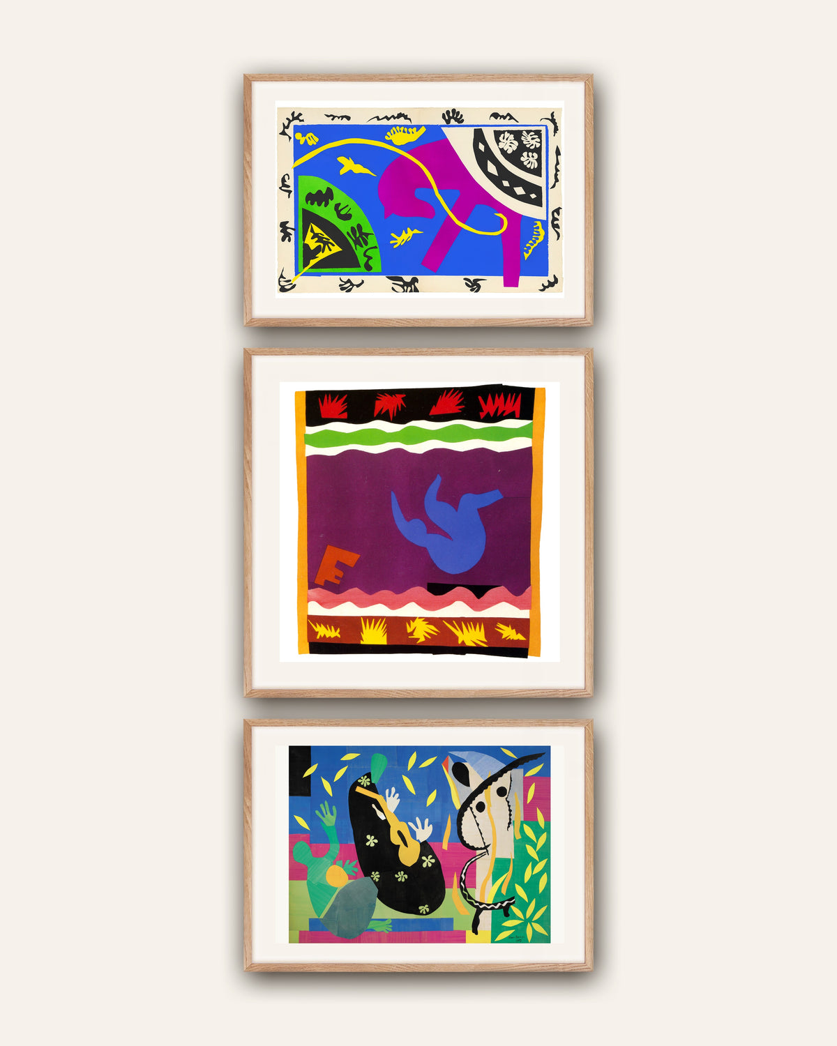 Posters de Matisse, conjunto de 3: Cavalo, Cavaleiro e Palhaço, O escorrega, A tristeza do rei, com molduras de carvalho natural
