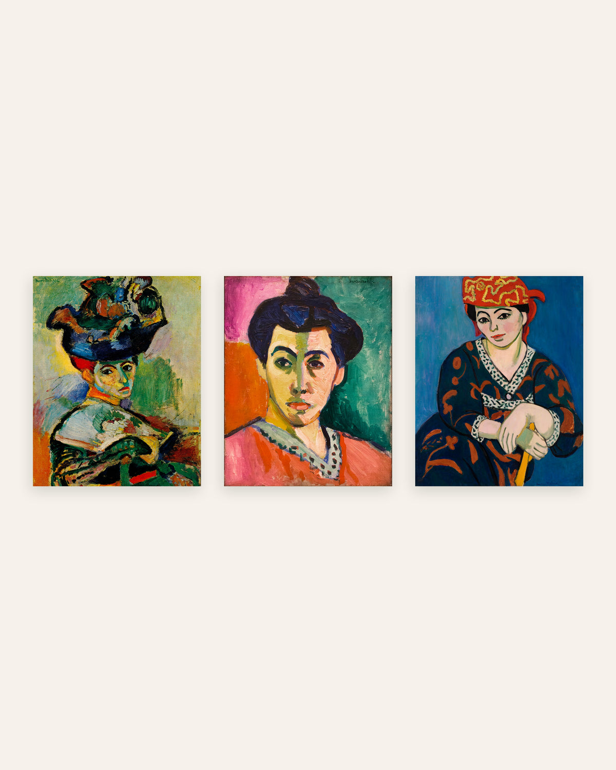 Posters de Matisse, conjunto de 3 retratos fauvistas: Mulher com chapéu, Madame Matisse e Lenço vermelho de Madras, sem moldura
