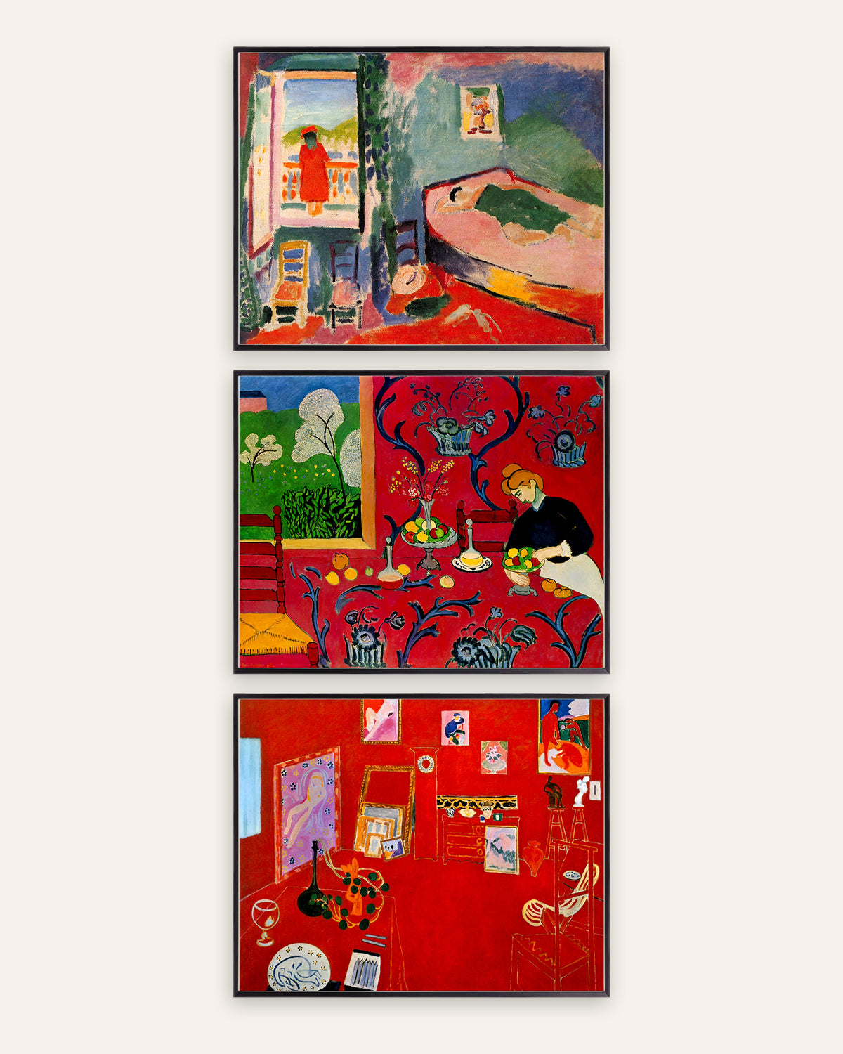 Posters de Matisse, conjunto de 3: Interior em Collioure, Harmonia em vermelho e O Atelier Vermelho, com molduras de metal preto