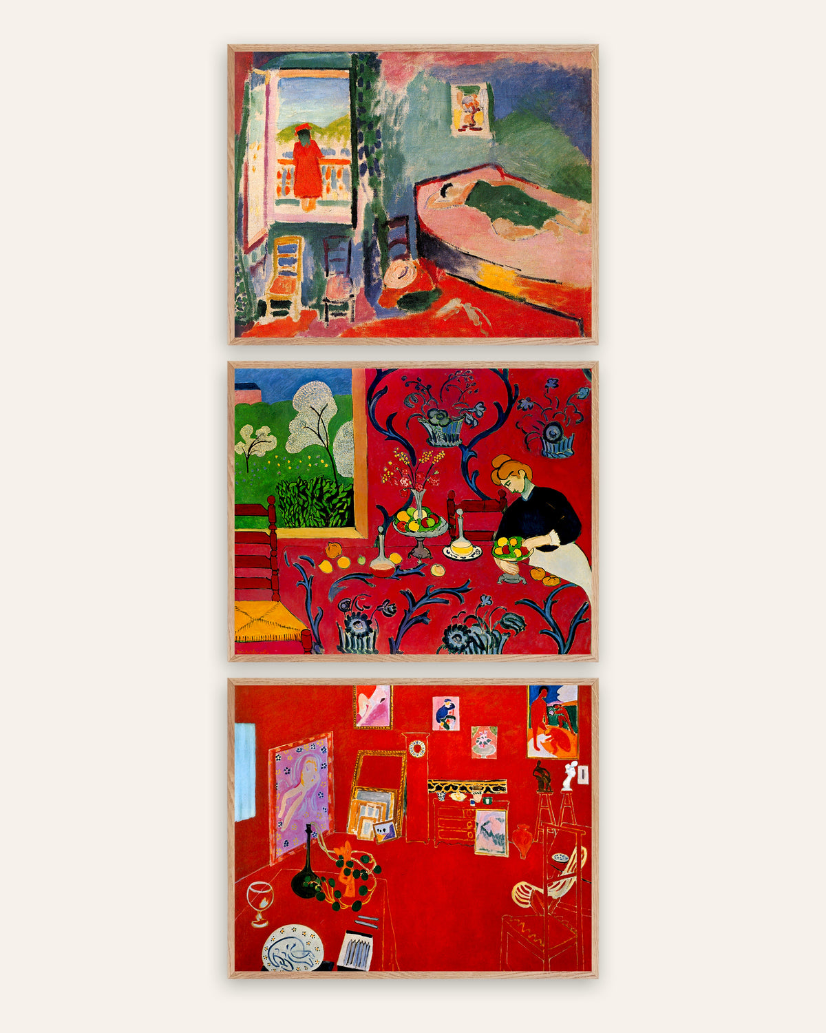 Posters de Matisse, conjunto de 3: Interior em Collioure, Harmonia em vermelho e O Atelier Vermelho, com molduras de carvalho natural
