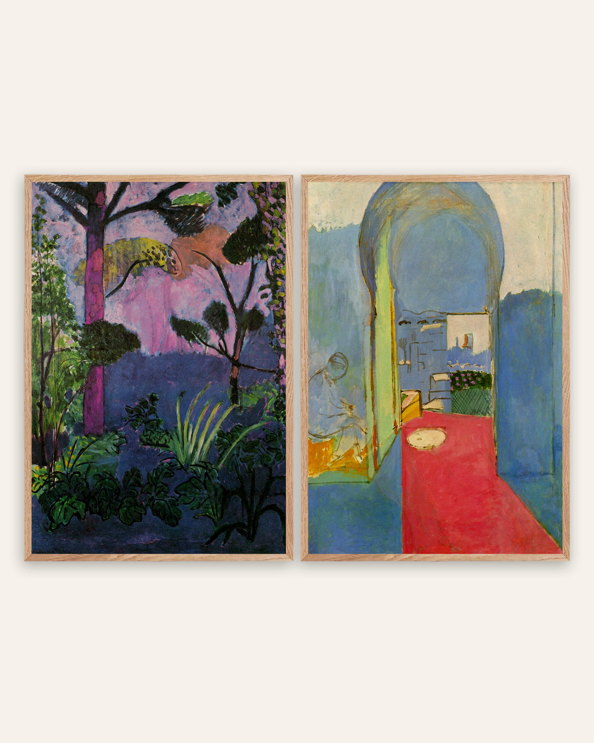 Posters de Matisse, conjunto de 2: Paisagem marroquina (Acanto) e Entrada na casbá, com molduras de carvalho natural