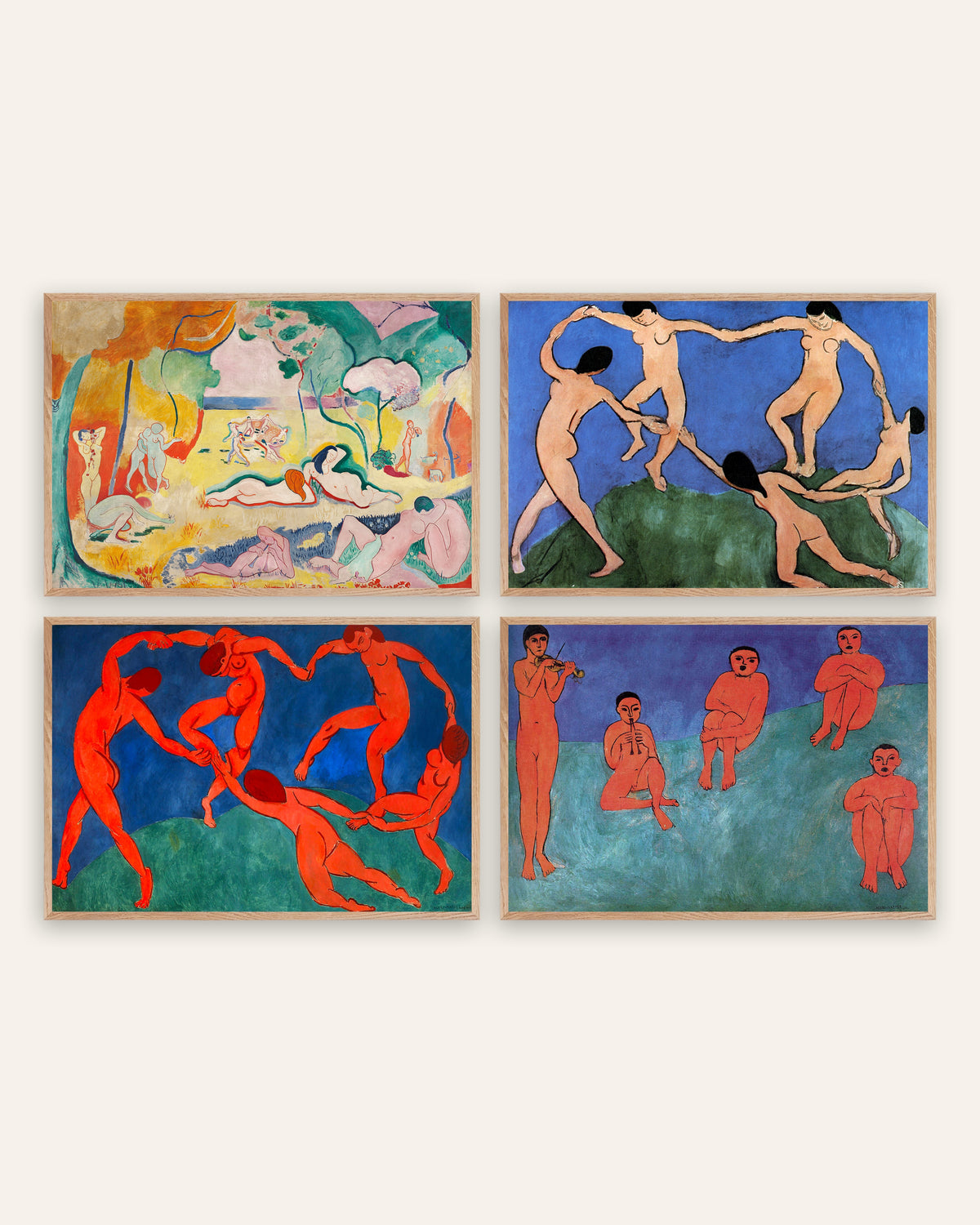 Posters de Matisse, conjunto de 4: A Alegria de Viver, A dança I e II e Música, com molduras de carvalho natural