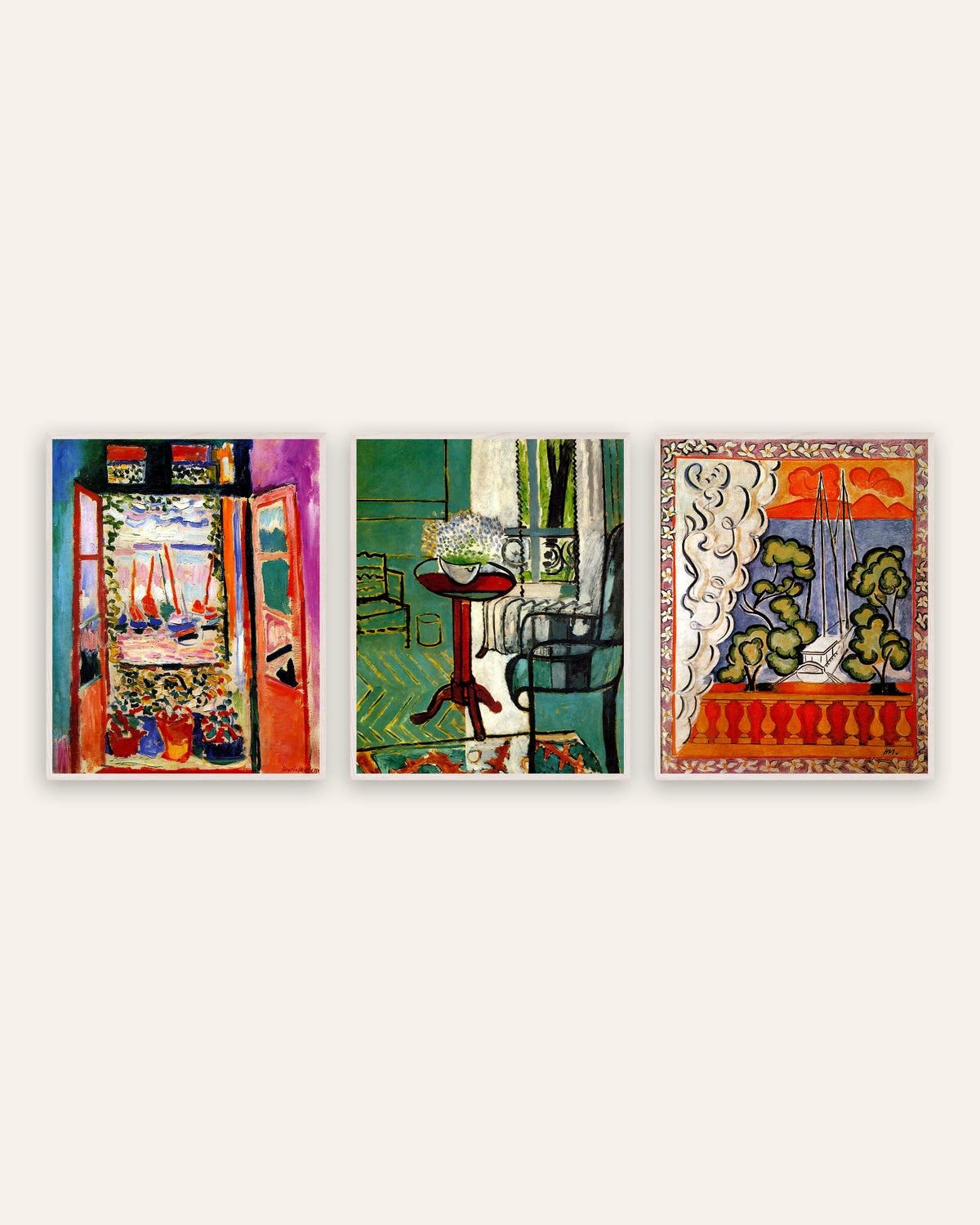 Posters de Matisse, conjunto de 3: janelas de Collioure, com miosótis e no Taiti, com molduras de carvalho branco