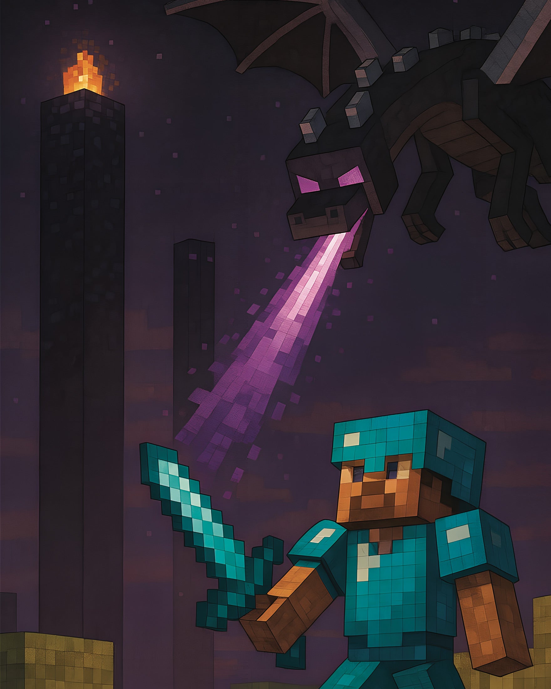 Batalha do Dragão Ender em Minecraft – pôster cavaleiro vs. dragão