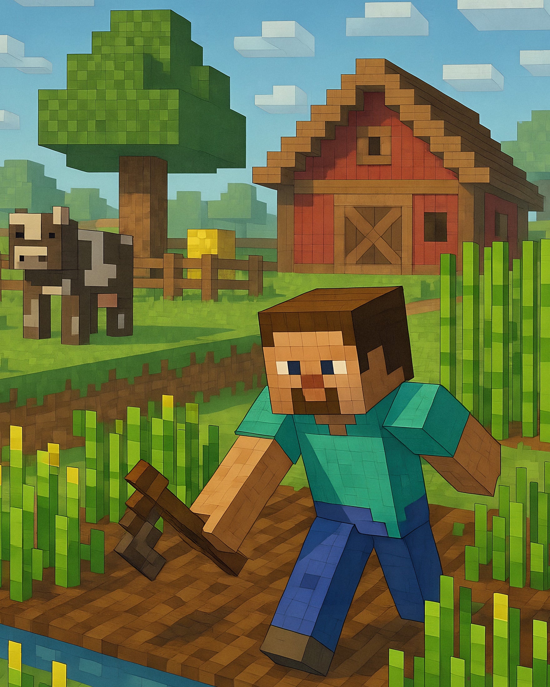 Cena de Fazenda Minecraft – campos, celeiro e plantações pôster