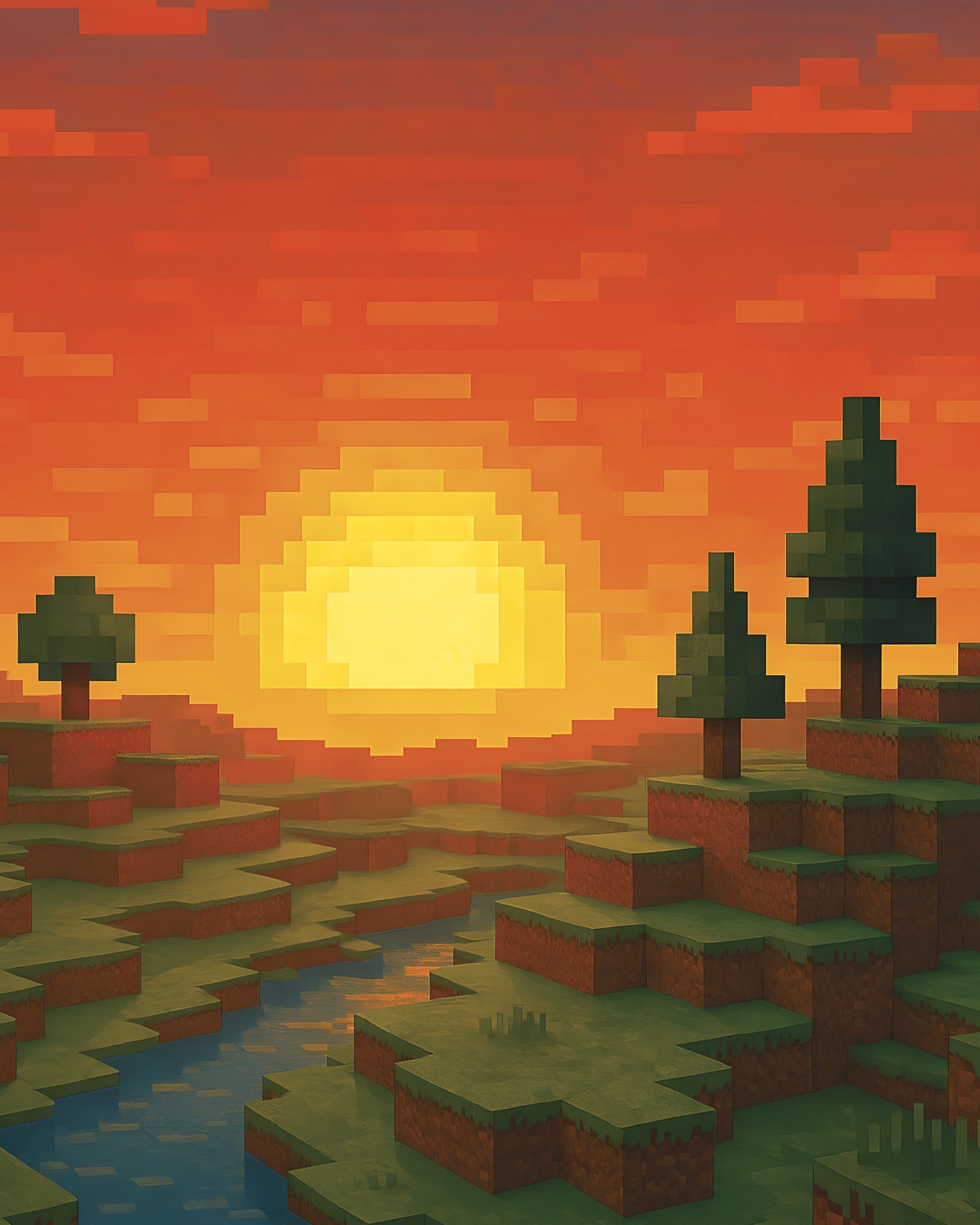 Minecraft Sunset – pôster de fã em pixel art com rio e árvores