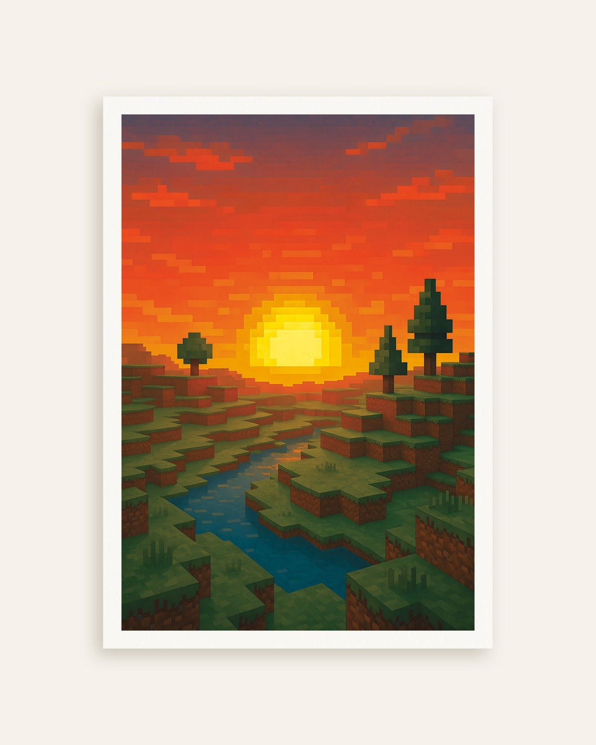 Pôr do sol: poster para fãs de arte em blocos de píxeis, com rio e árvores, miniatura