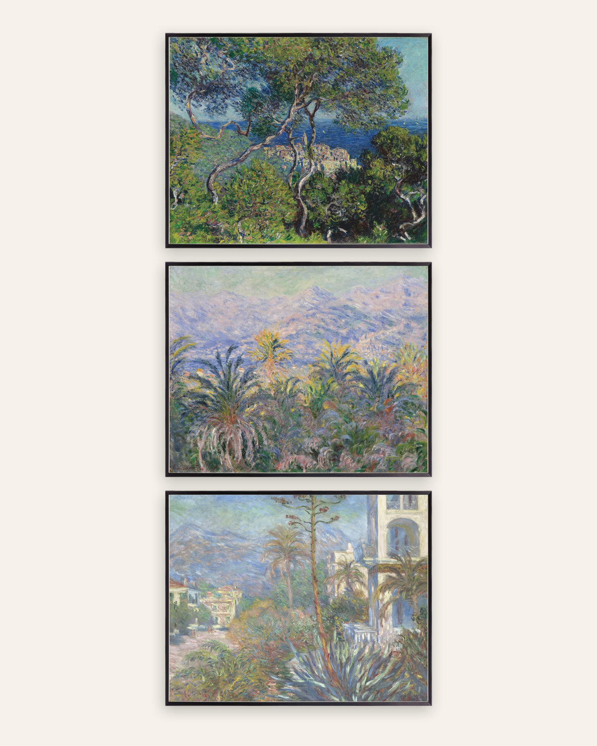 Posters de Monet, conjunto de 3: Bordighera, pinheiros, palmeiras e vivendas, com molduras de metal preto