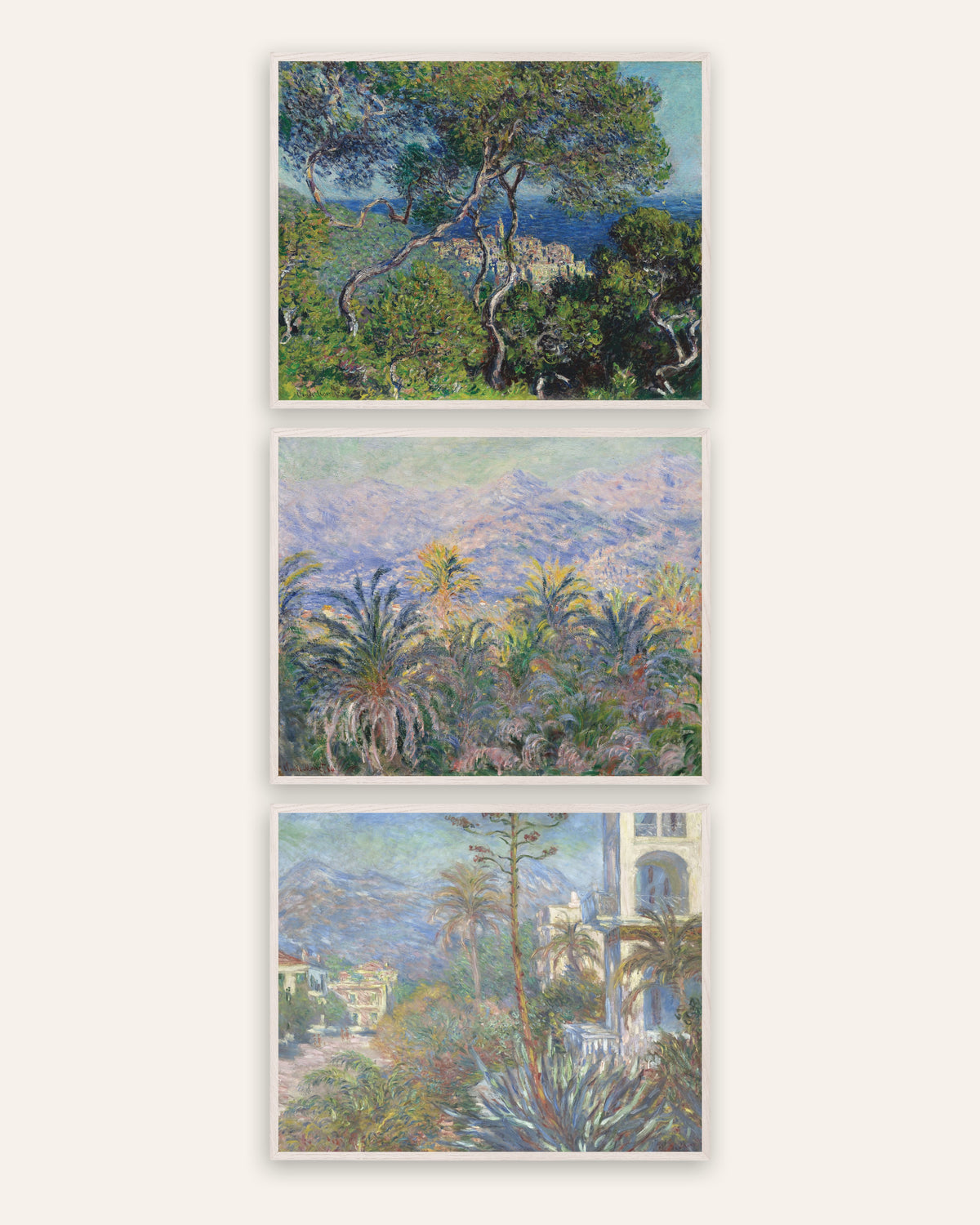 Posters de Monet, conjunto de 3: Bordighera, pinheiros, palmeiras e vivendas, com molduras de carvalho branco