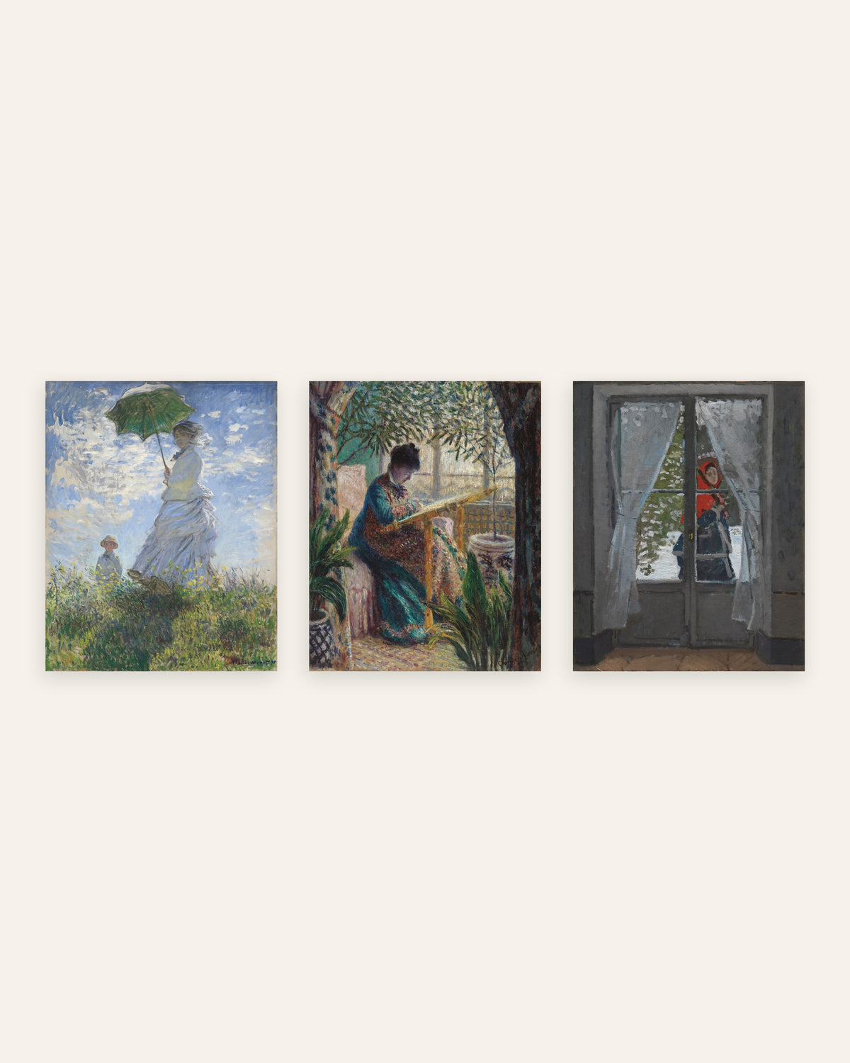 Posters de Monet, conjunto de 3: Camille, Mulher com Sombrinha e O Lenço Vermelho, sem moldura