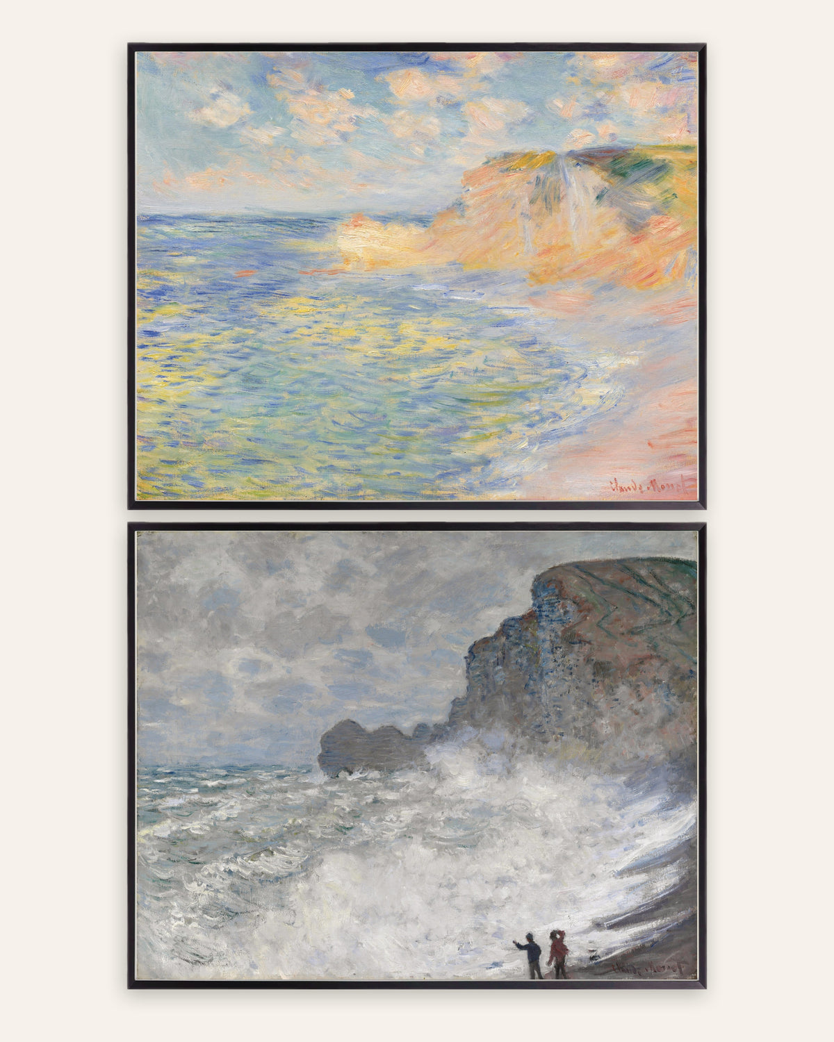 Posters de Monet, conjunto de 2: Étretat, Falésia de Amont e tempestade, com molduras de metal preto