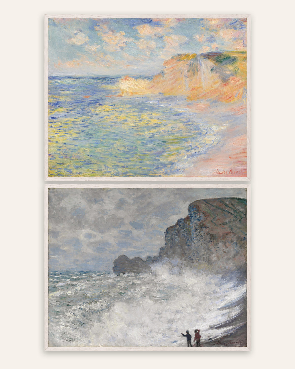 Posters de Monet, conjunto de 2: Étretat, Falésia de Amont e tempestade, com molduras de carvalho branco