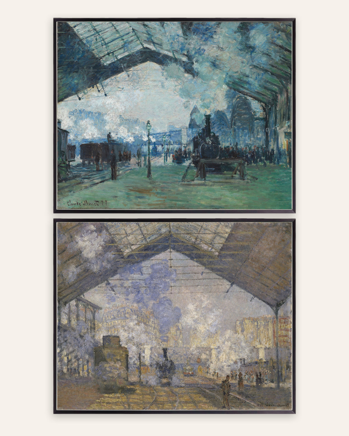 Posters de Monet, conjunto de 2: Gare Saint-Lazare, vapor e comboios, com molduras de metal preto