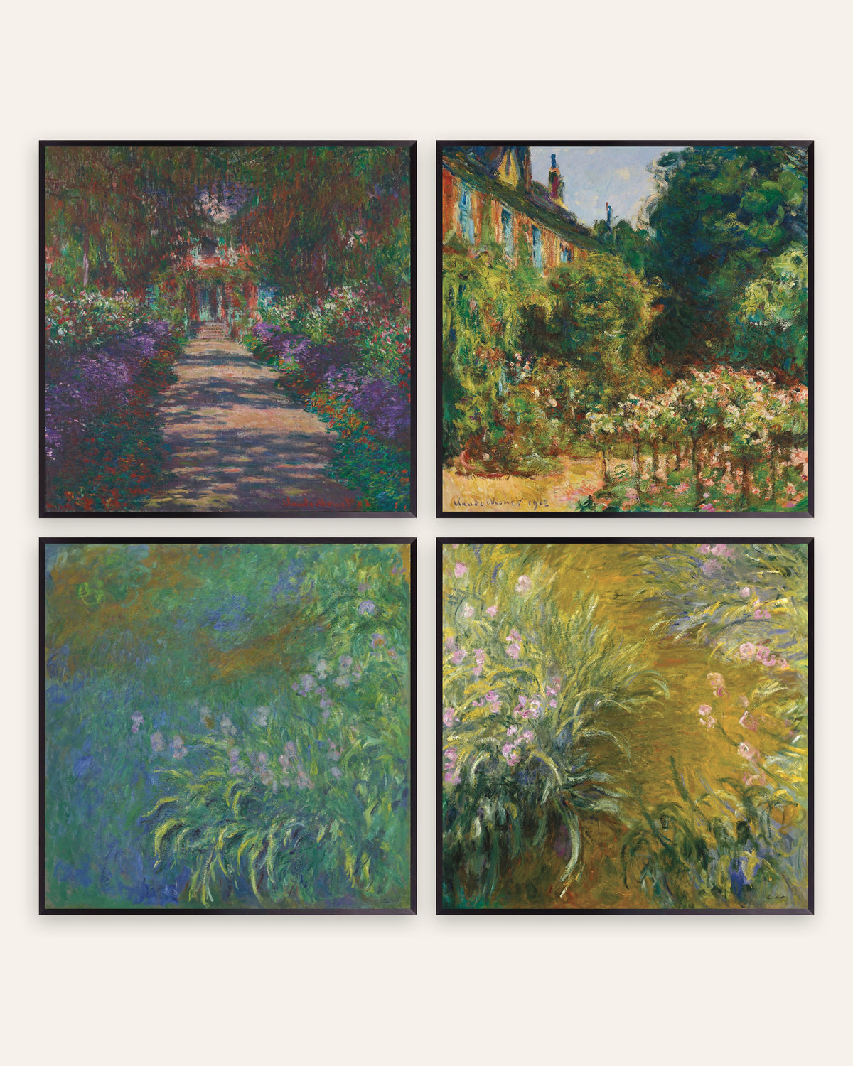 Posters de Monet, conjunto de 4: o jardim de Giverny, alameda, casa e íris, com molduras de metal preto