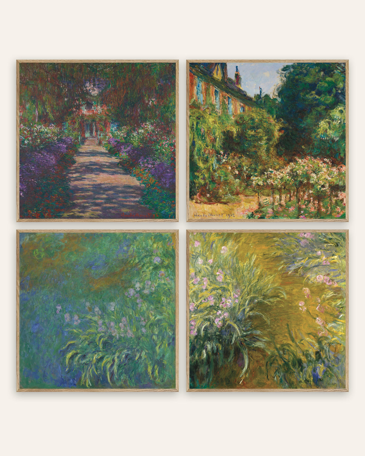 Posters de Monet, conjunto de 4: o jardim de Giverny, alameda, casa e íris, com molduras de carvalho natural