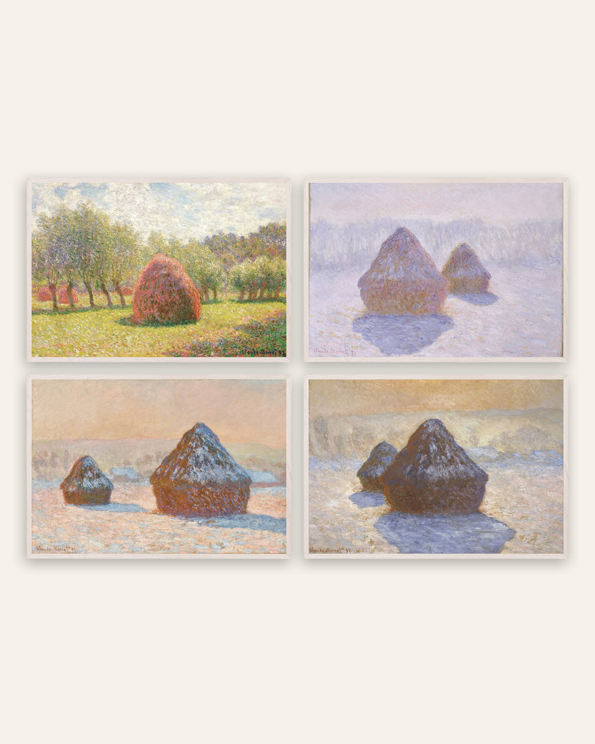 Posters de Monet, conjunto de 4: medas, do verão à neve, com molduras de carvalho branco