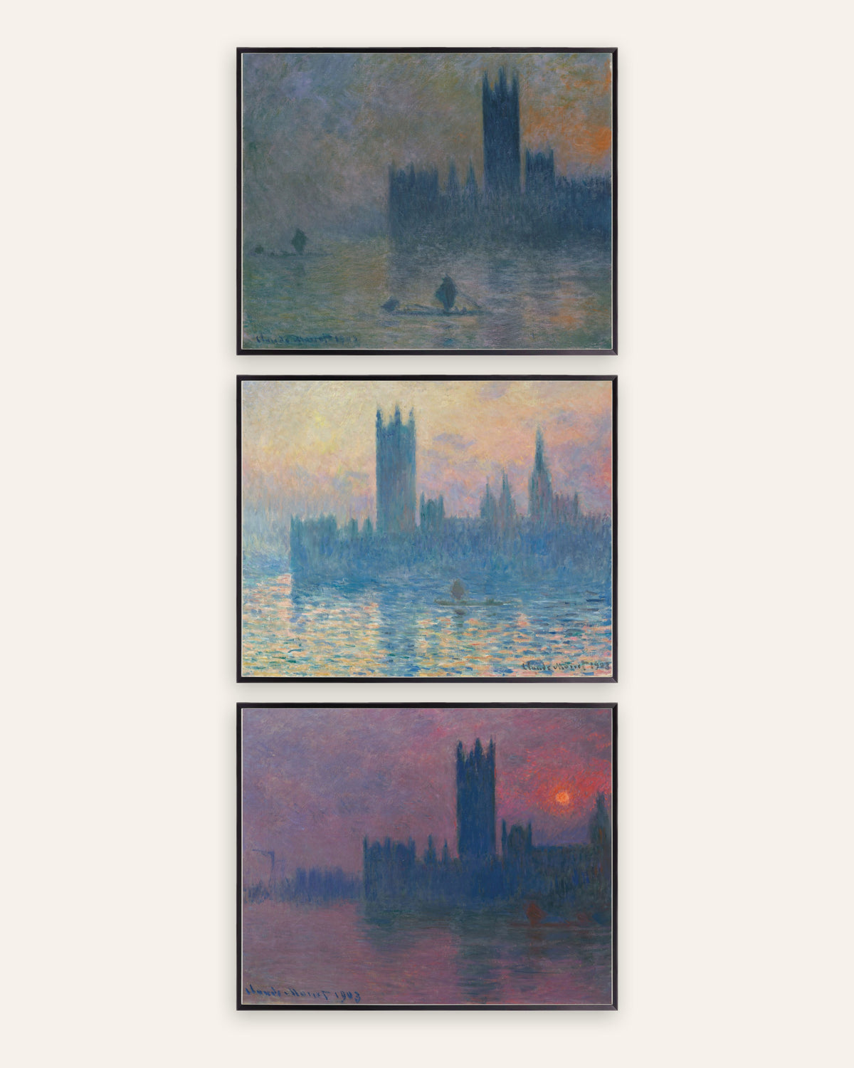 Posters de Monet, conjunto de 3: o Parlamento de Londres, nevoeiro e pôr do sol, com molduras de metal preto