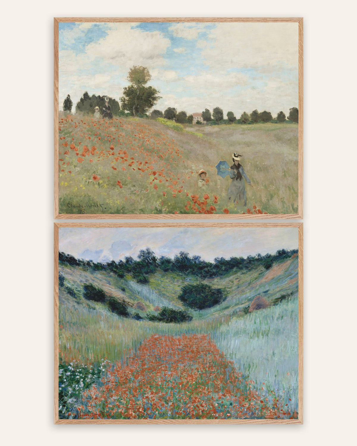 Posters de Monet, conjunto de 2: papoilas de Argenteuil e Giverny, com molduras de carvalho natural
