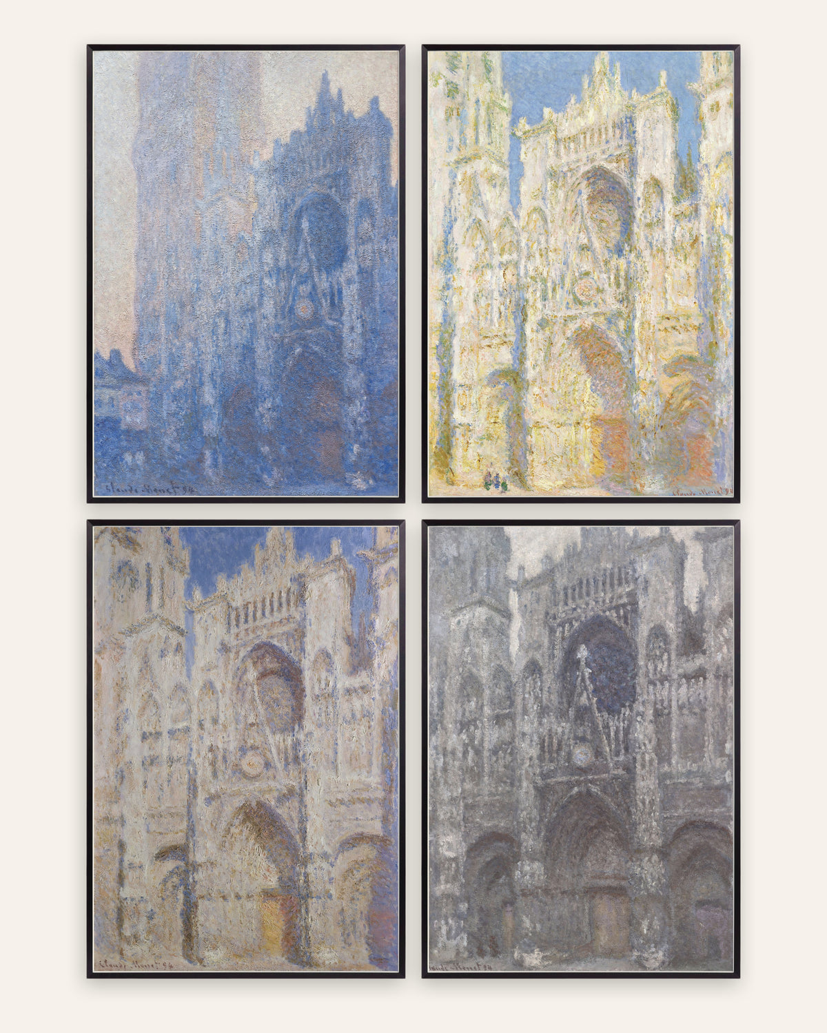 Posters de Monet, conjunto de 4: a Catedral de Rouen, da manhã ao tempo cinzento, com molduras de metal preto