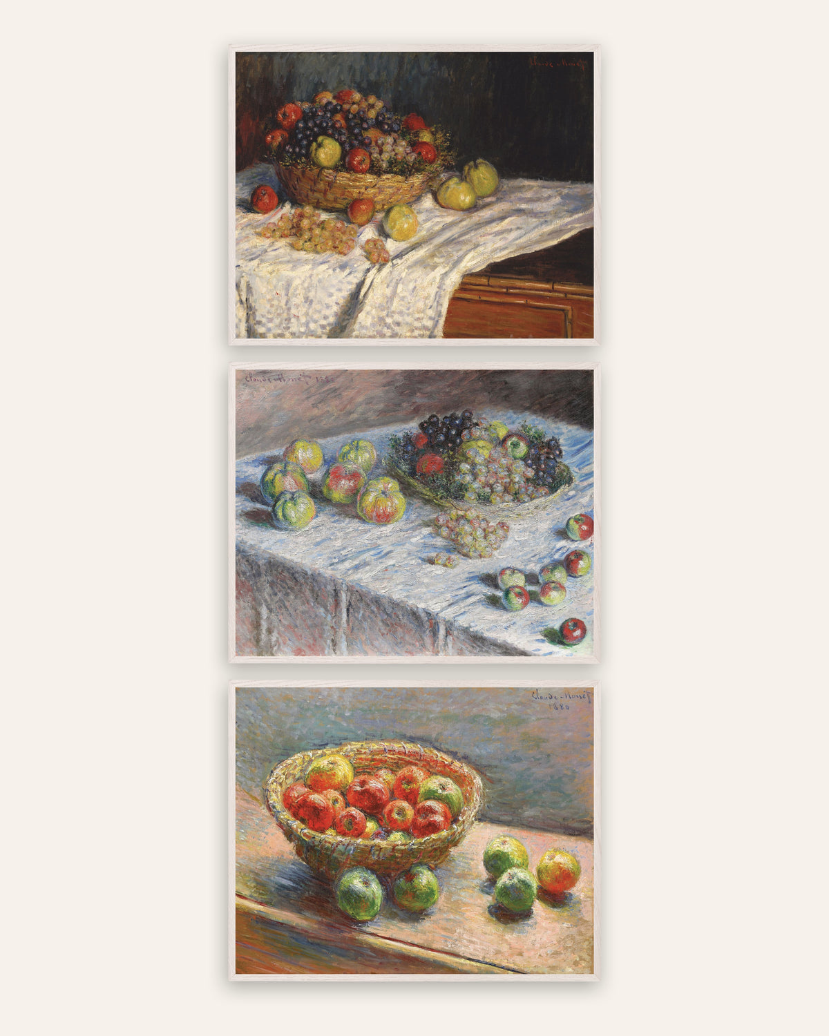 Posters de Monet, conjunto de 3: naturezas-mortas, maçãs, uvas e cesto, com molduras de carvalho branco