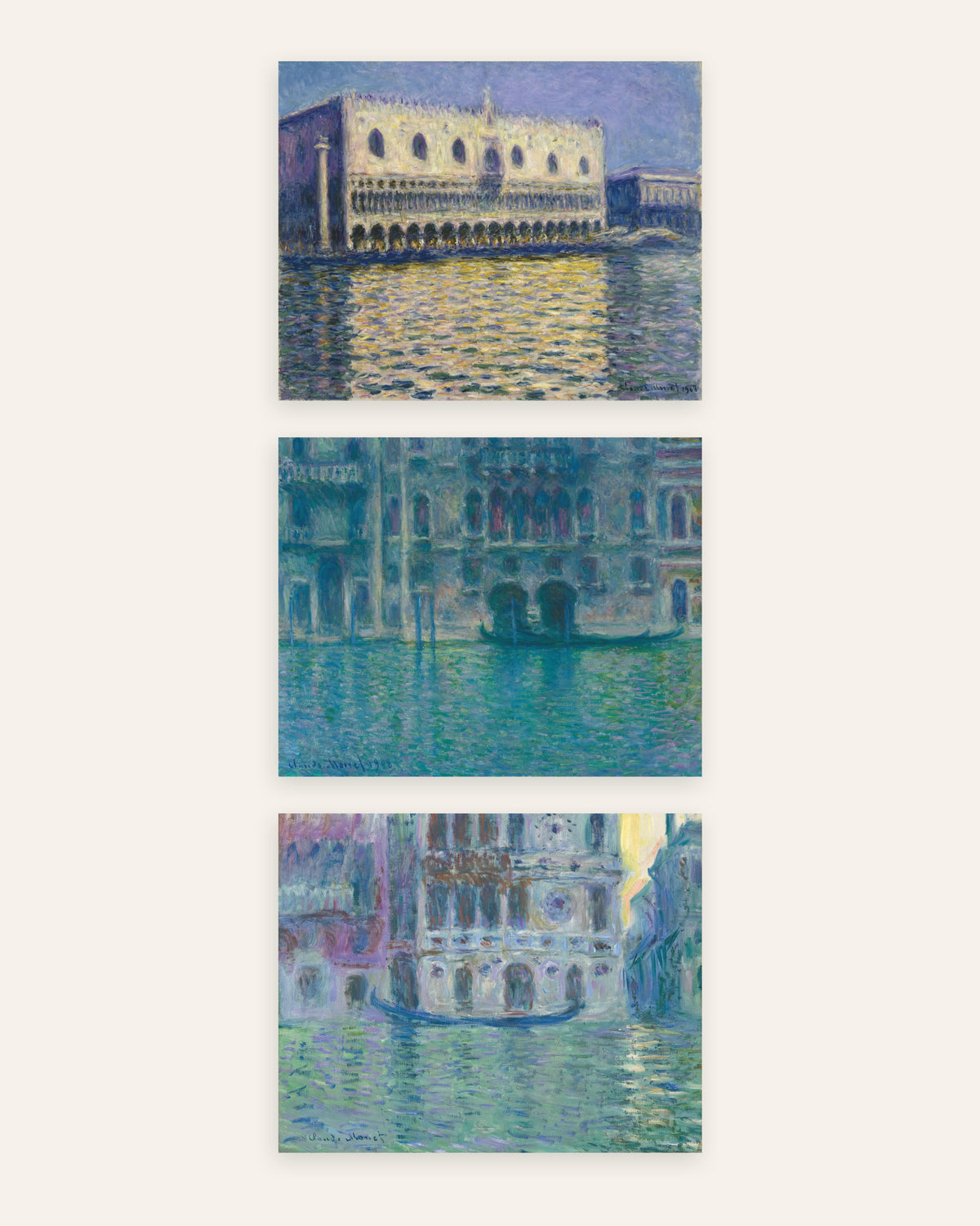 Posters de Monet, conjunto de 3: Veneza, Palácio Ducal, Palácio da Mula e Dario, sem moldura
