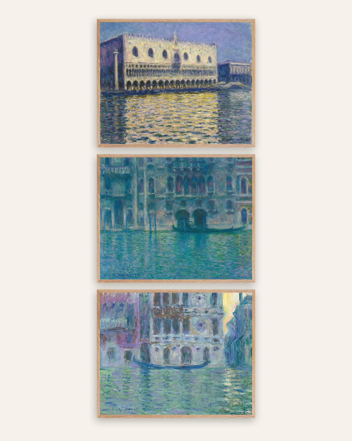 Posters de Monet, conjunto de 3: Veneza, Palácio Ducal, Palácio da Mula e Dario, com molduras de carvalho natural