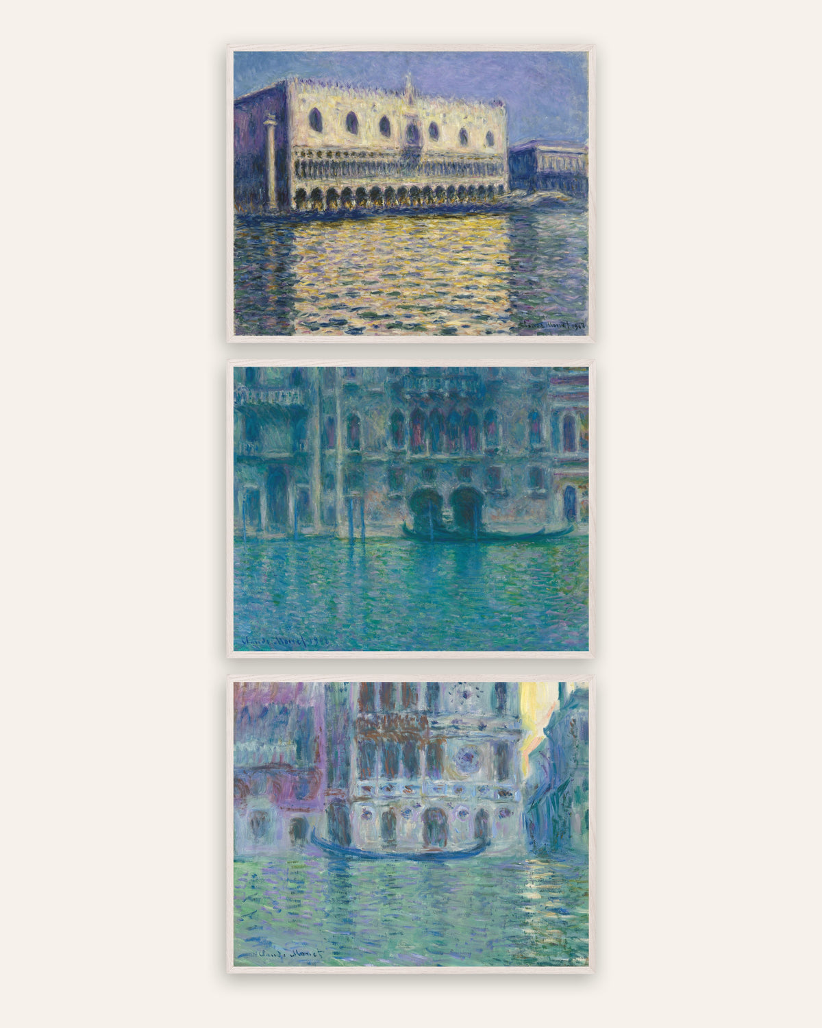 Posters de Monet, conjunto de 3: Veneza, Palácio Ducal, Palácio da Mula e Dario, com molduras de carvalho branco