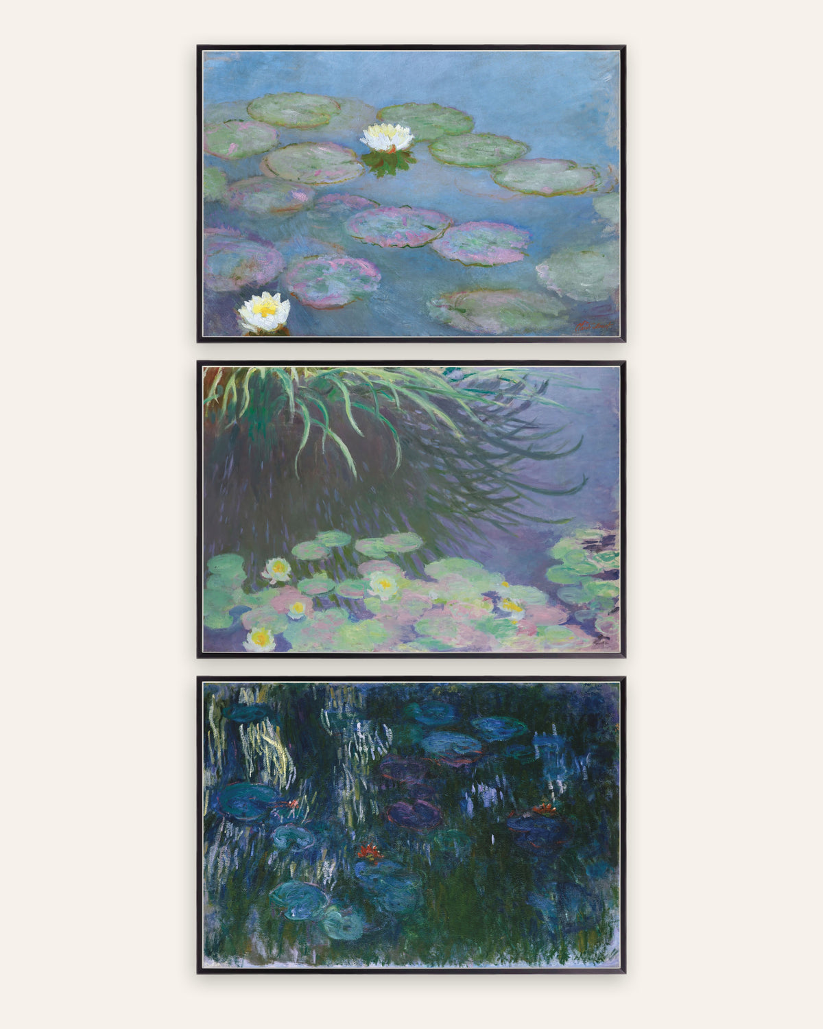 Posters de Monet, conjunto de 3: Nenúfares, primeiros e últimos panoramas, com molduras de metal preto