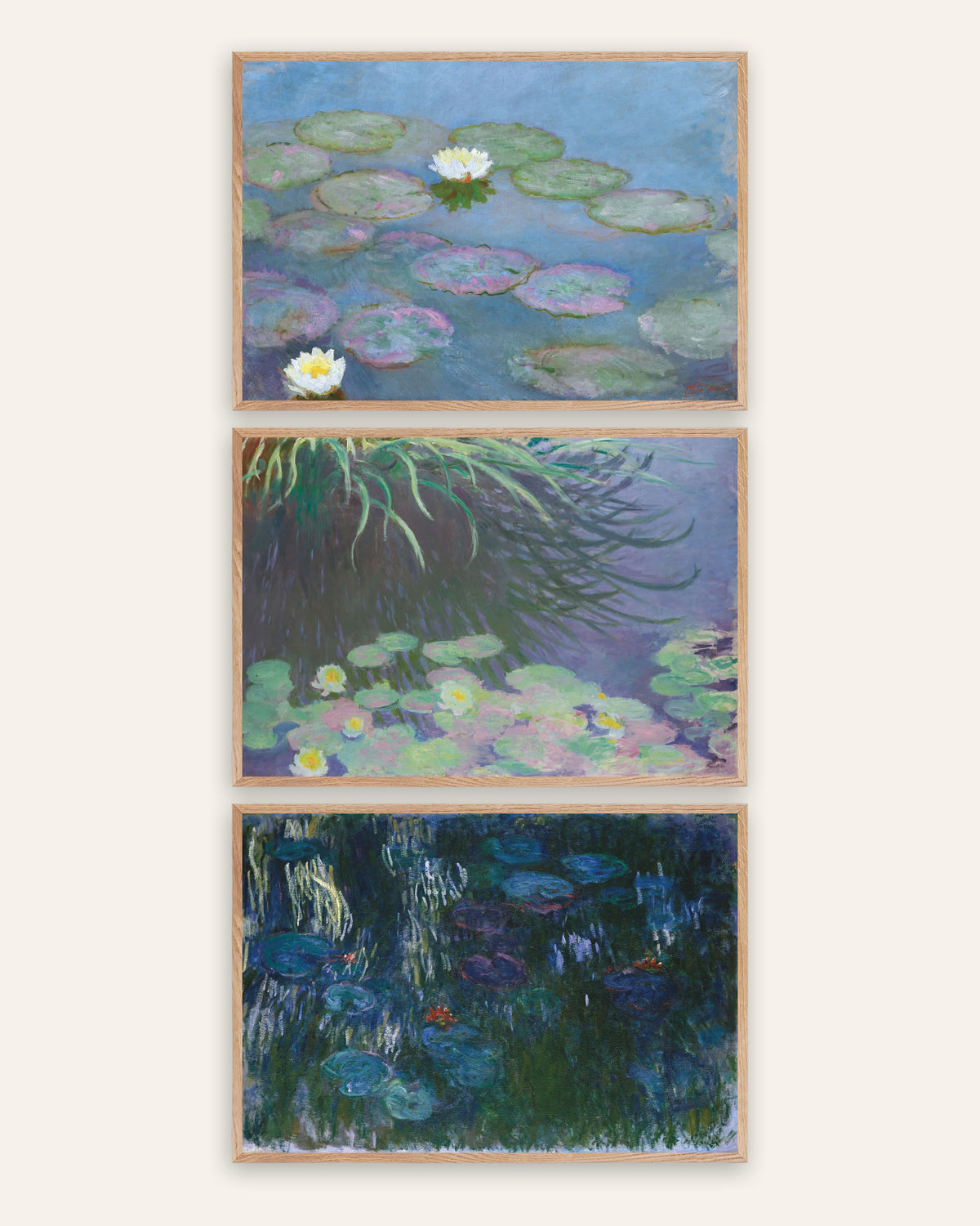 Posters de Monet, conjunto de 3: Nenúfares, primeiros e últimos panoramas, com molduras de carvalho natural
