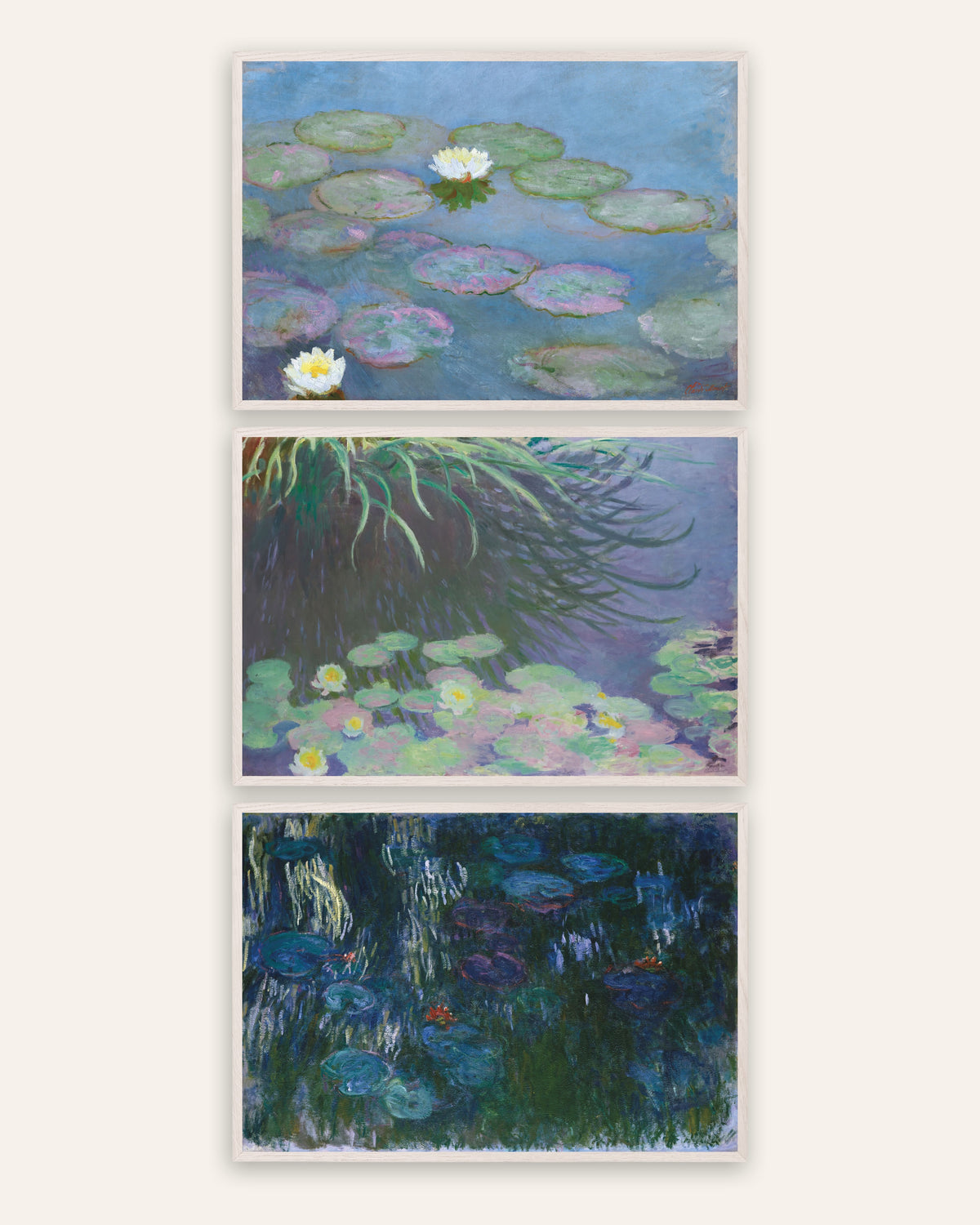 Posters de Monet, conjunto de 3: Nenúfares, primeiros e últimos panoramas, com molduras de carvalho branco