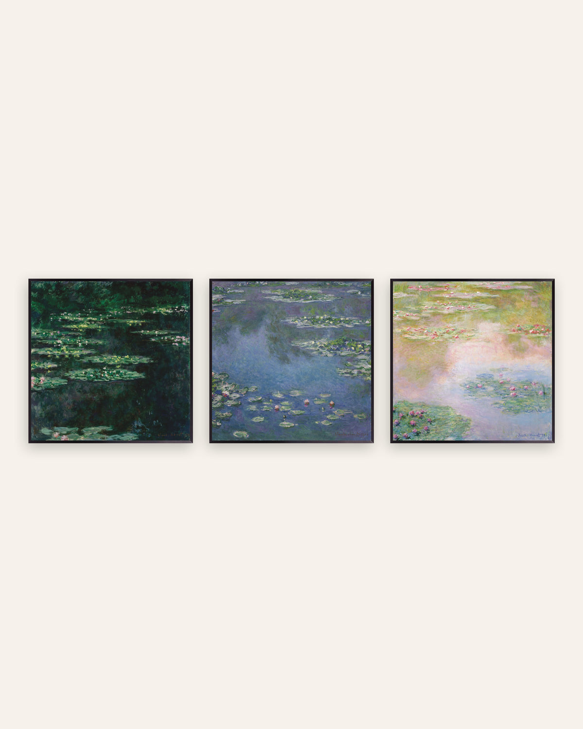 Posters de Monet, conjunto de 3: Nenúfares, vistas quadradas do lago, com molduras de metal preto
