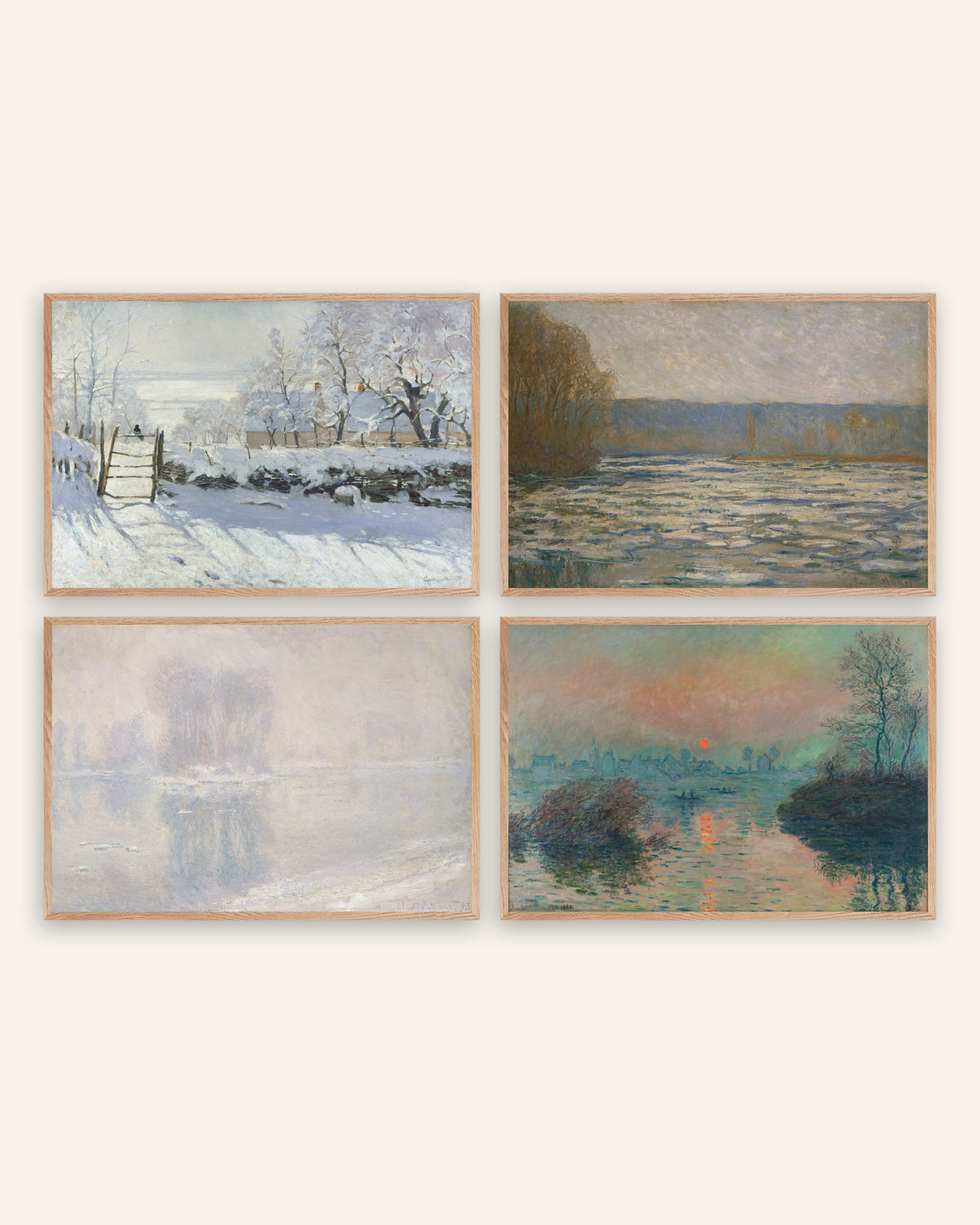 Posters de Monet, conjunto de 4: inverno, A Pega, gelo e pôr do sol, com molduras de carvalho natural