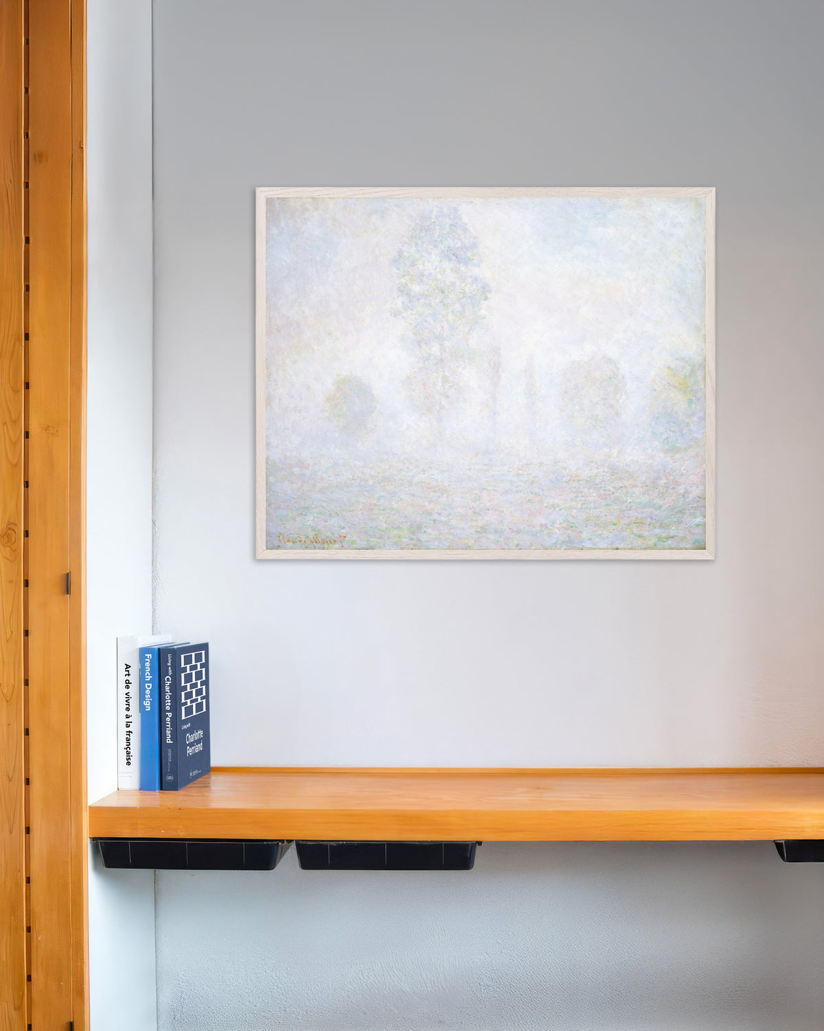 Poster Neblina Matinal (1888), de Claude Monet, com moldura de madeira branca