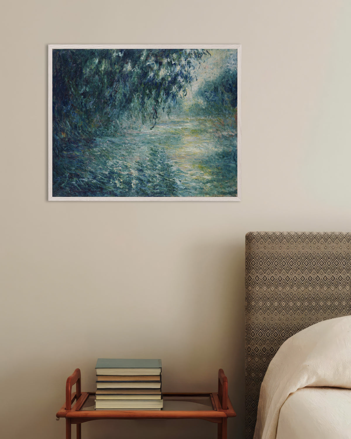 Poster Manhã no Sena (1898), de Claude Monet, com moldura de madeira branca