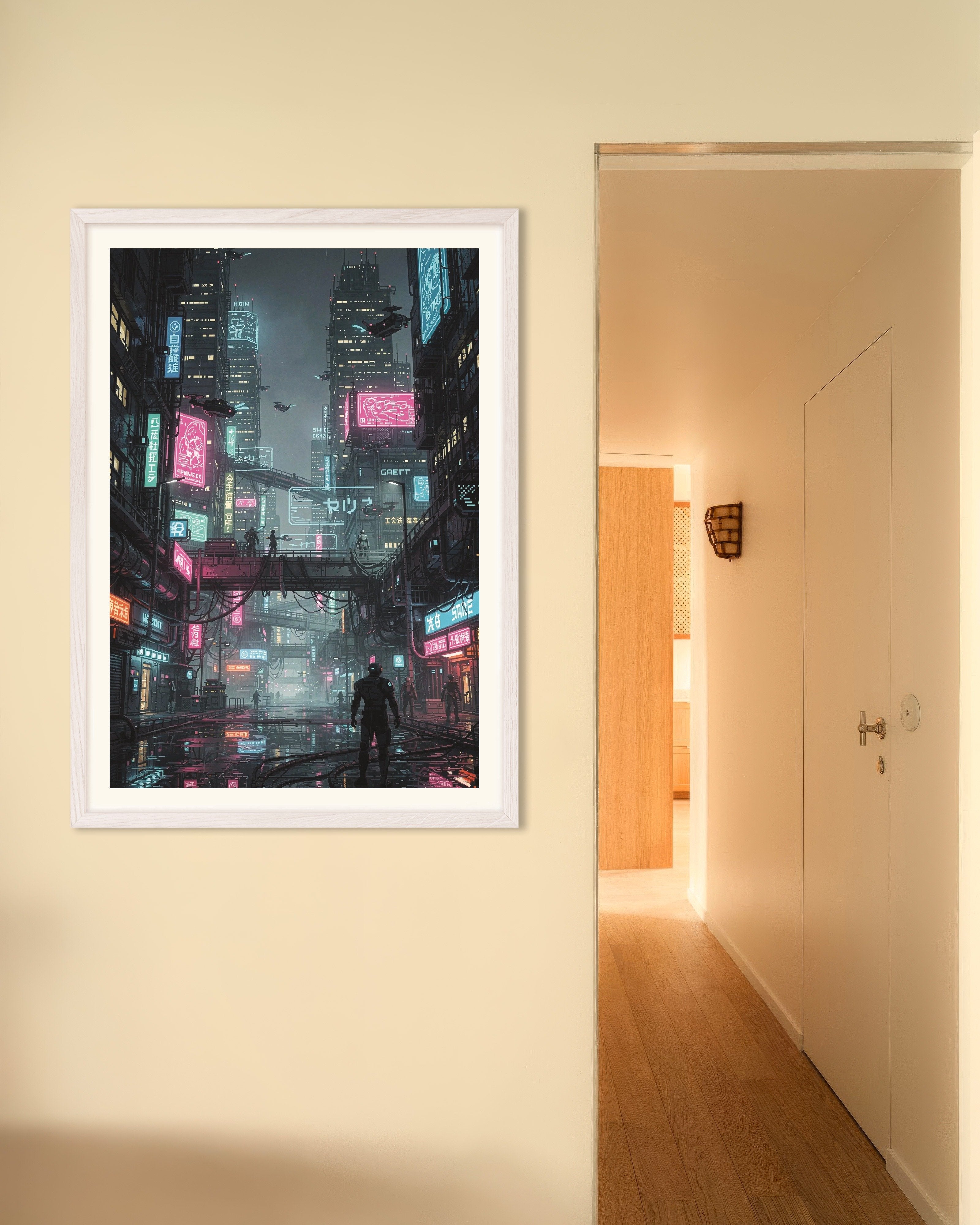 Poster of Neon Rain - Cyberpunk Pixel City, with white wooden frame